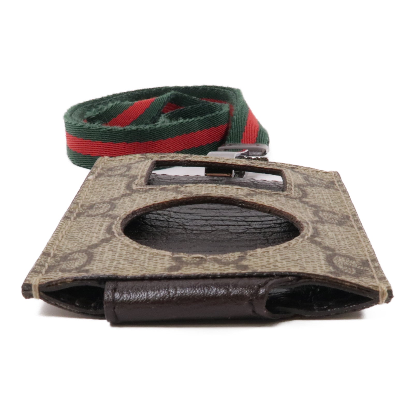 GUCCI 塗層帆布Card Case With Shoulder Strap銀扣卡夾棕色