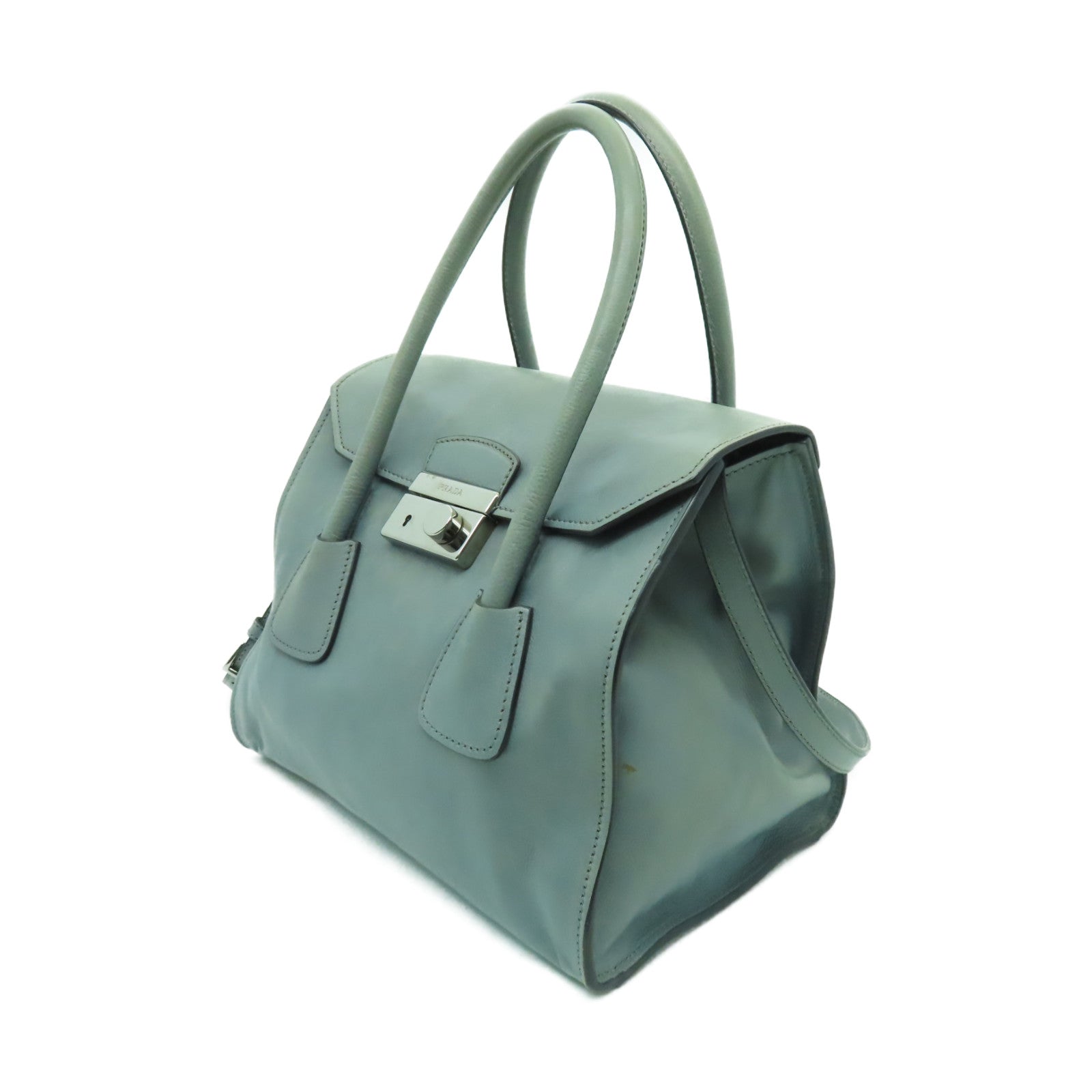 PRADA 【清倉大減價】牛皮皮革2 Way Shoulder Bag銀扣手挽肩背兩用袋海藍色
