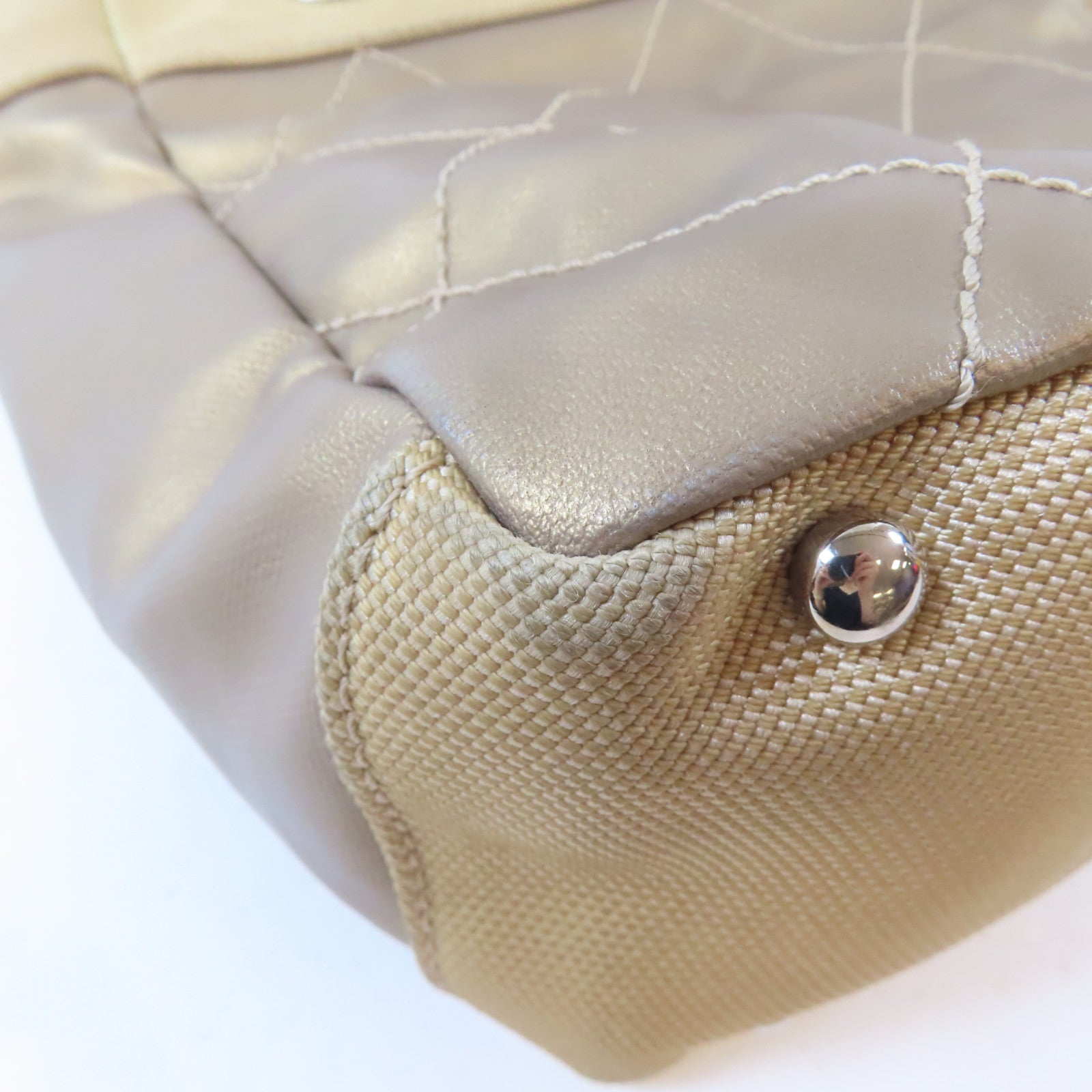 CHANEL (PRICE DOWN) Quilted CC SHW Paris Biarritz Tote Bag Handbag PVC Coated Canvas Beige