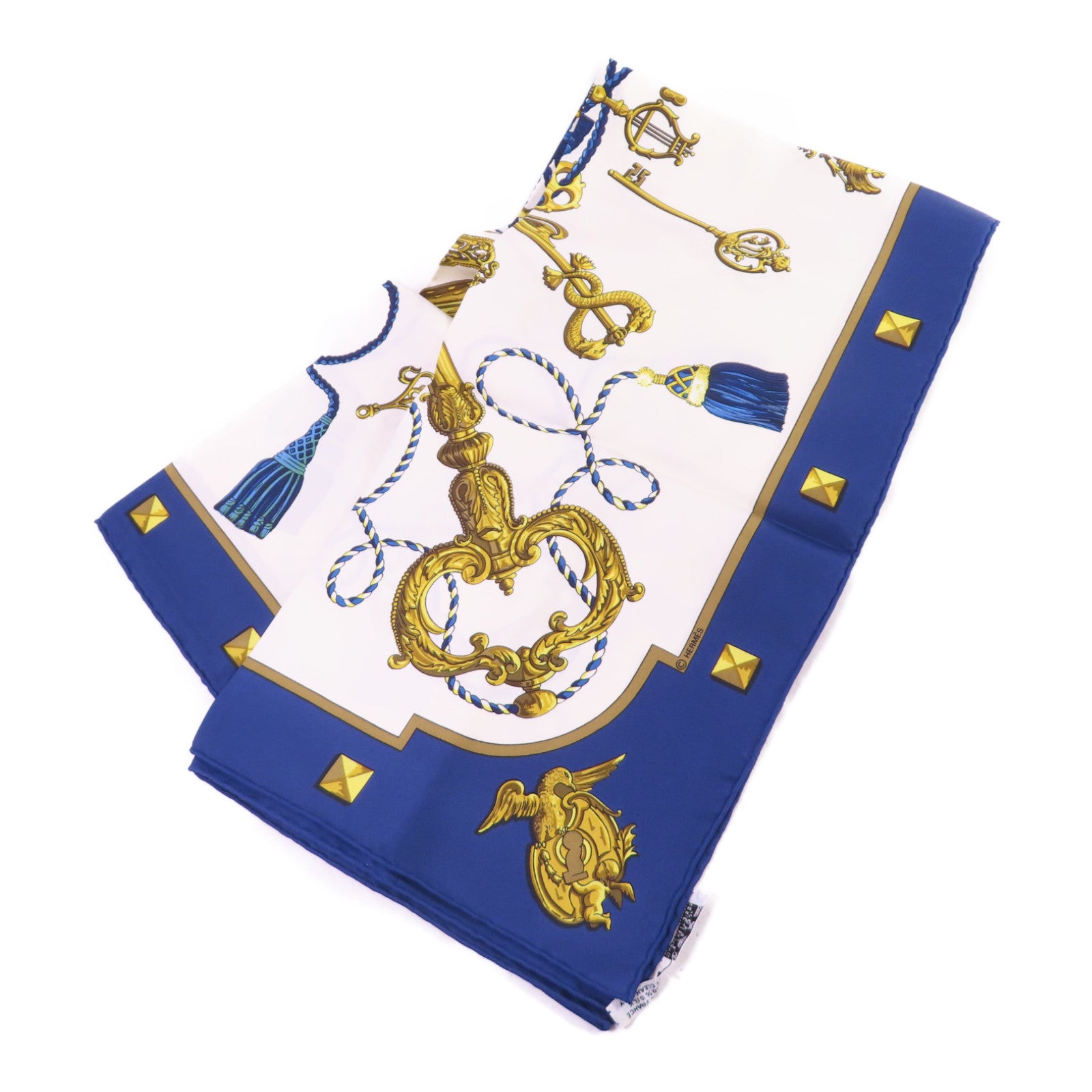 HERMES 絲質Scarf 90X90絲巾藍色/白色/金色