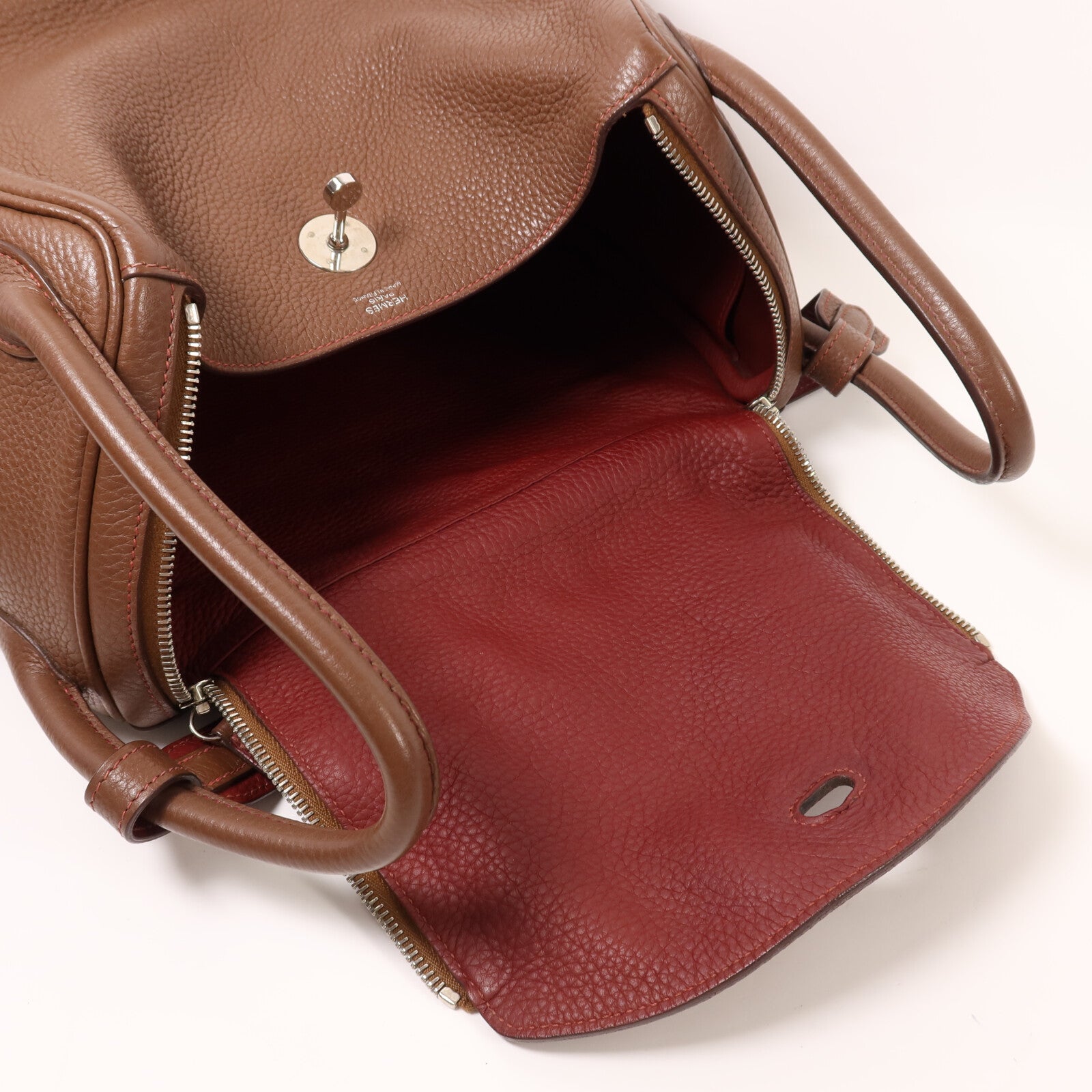HERMES Clemence皮革Lindy 30銀扣肩背袋Havane/Rouge Grenade