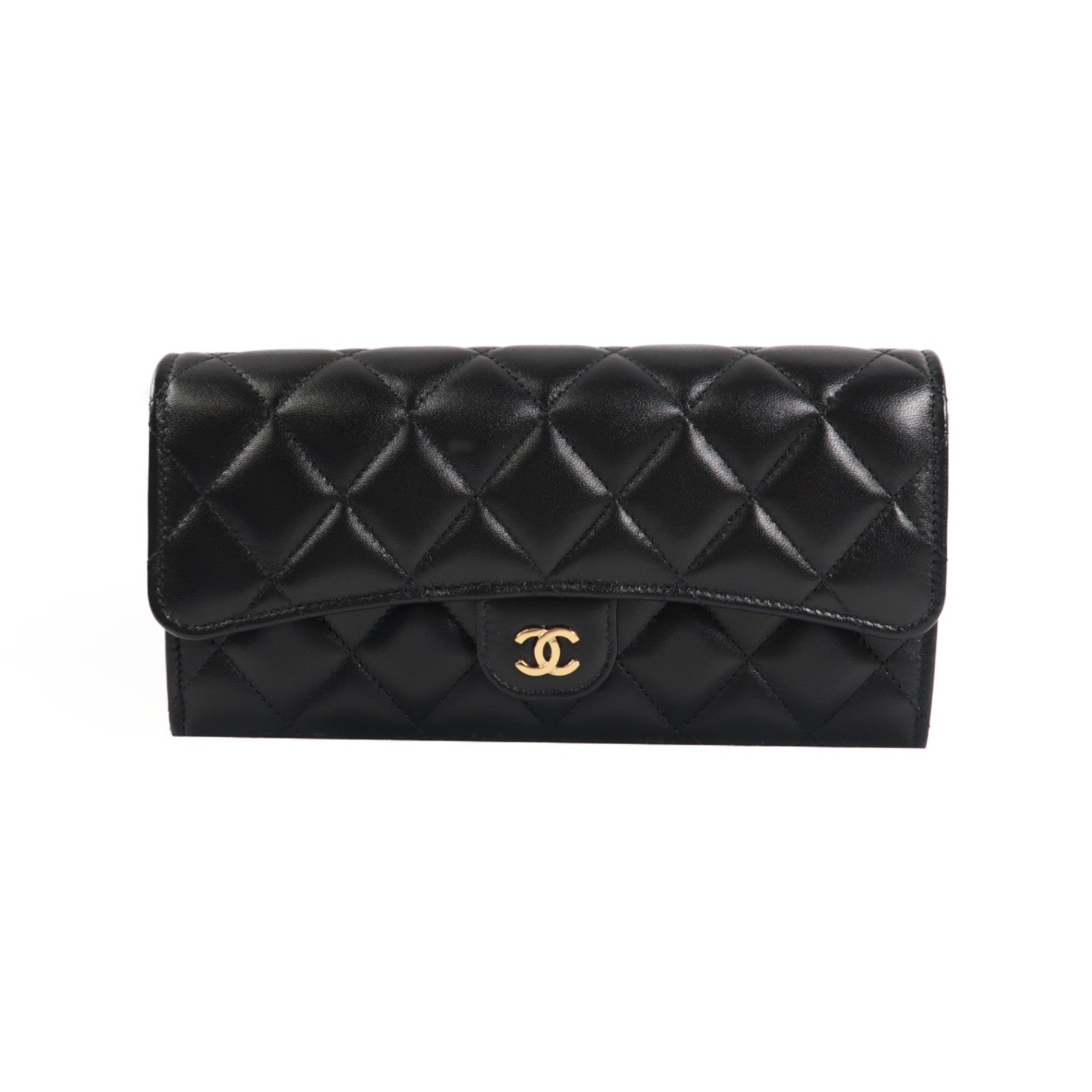 CHANEL 菱格羊皮皮革Classic Long Wallet金扣長錢包黑色