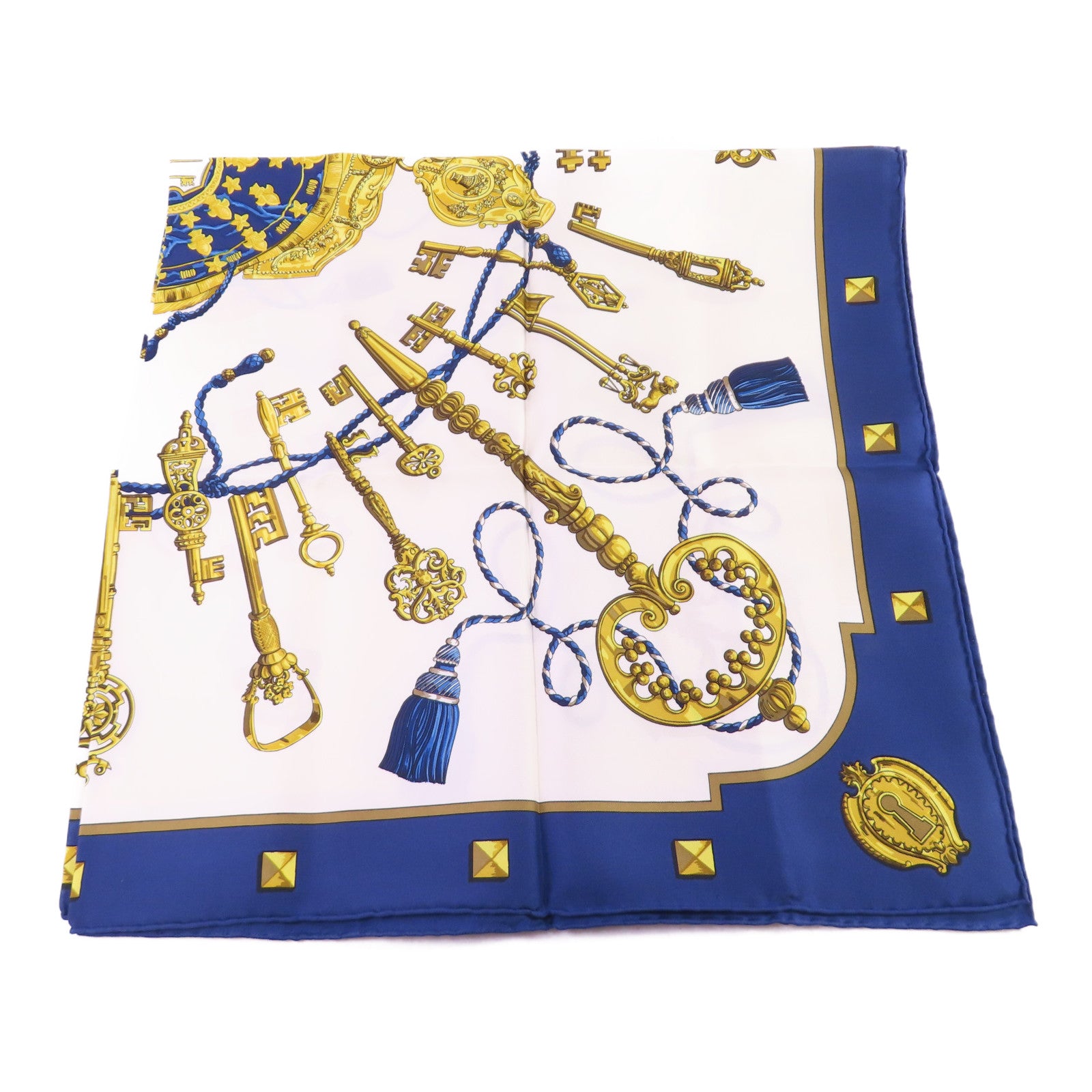 HERMES 絲質Scarf 90X90絲巾藍色/白色/金色