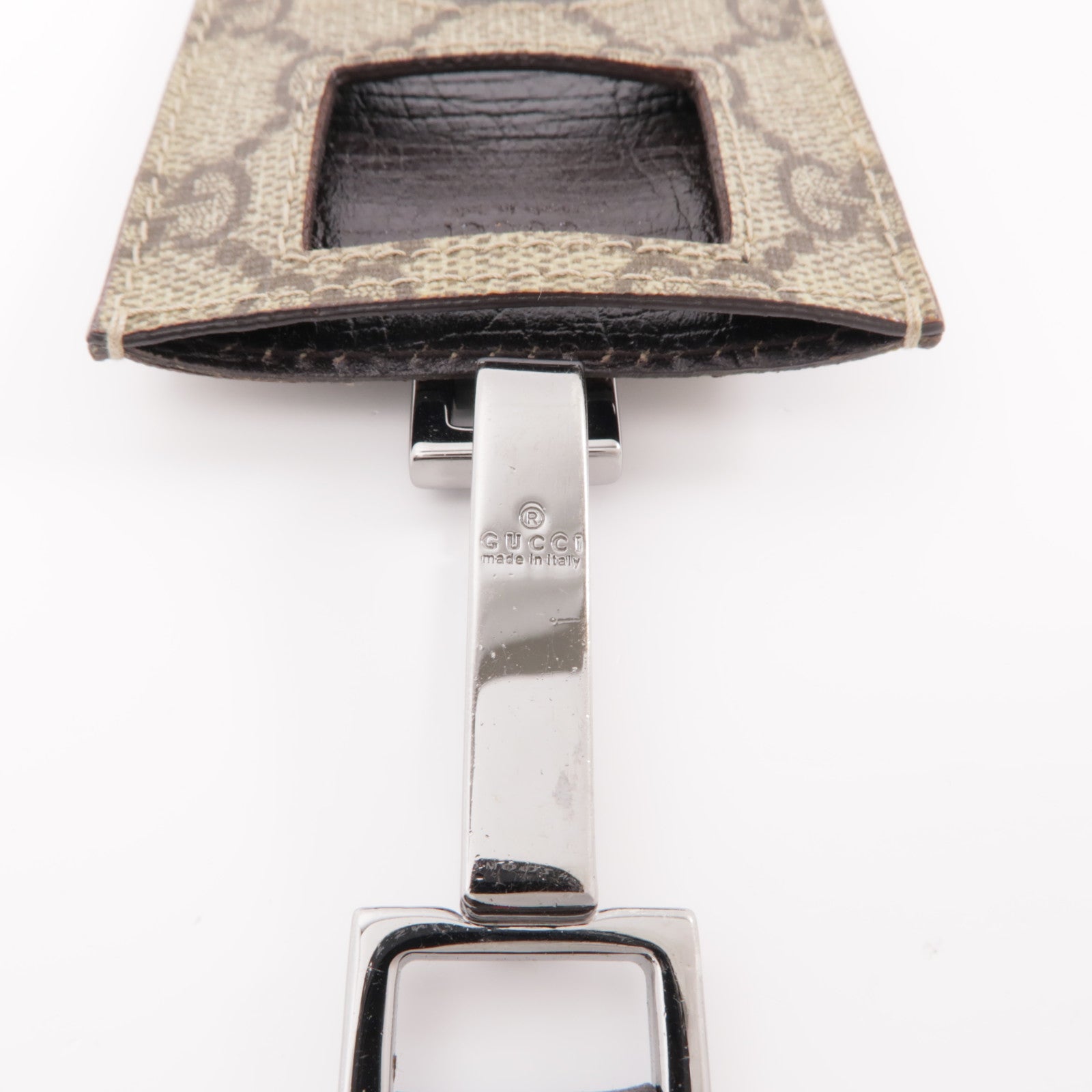 GUCCI 塗層帆布Card Case With Shoulder Strap銀扣卡夾棕色