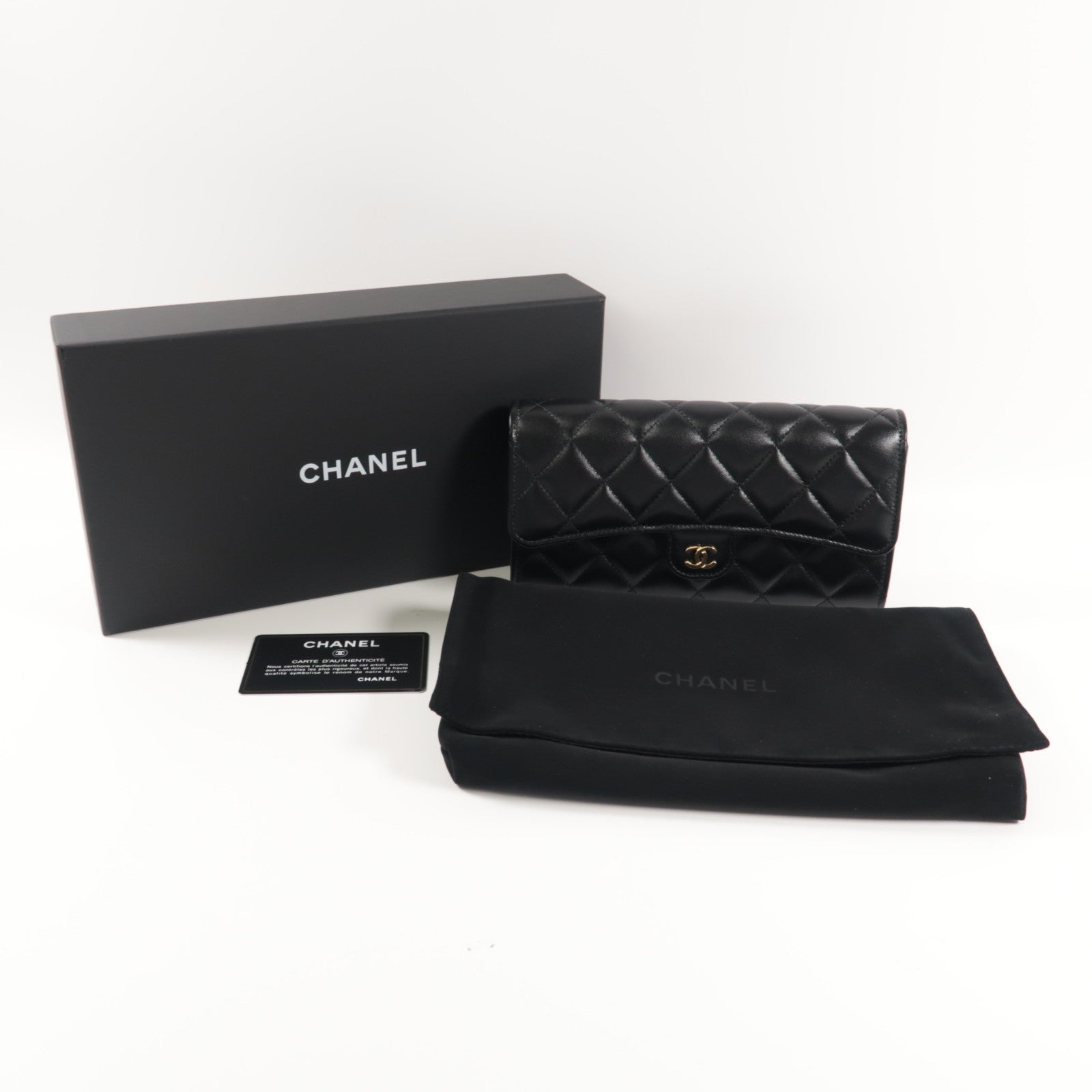 CHANEL 菱格羊皮皮革Classic Long Wallet金扣長錢包黑色