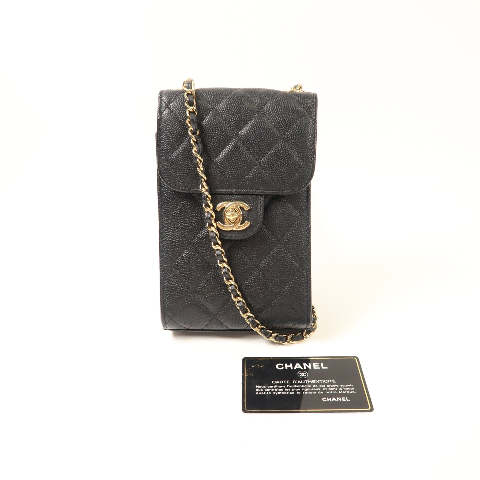 CHANEL 牛皮皮革Phone Bag金扣鏈帶肩背袋