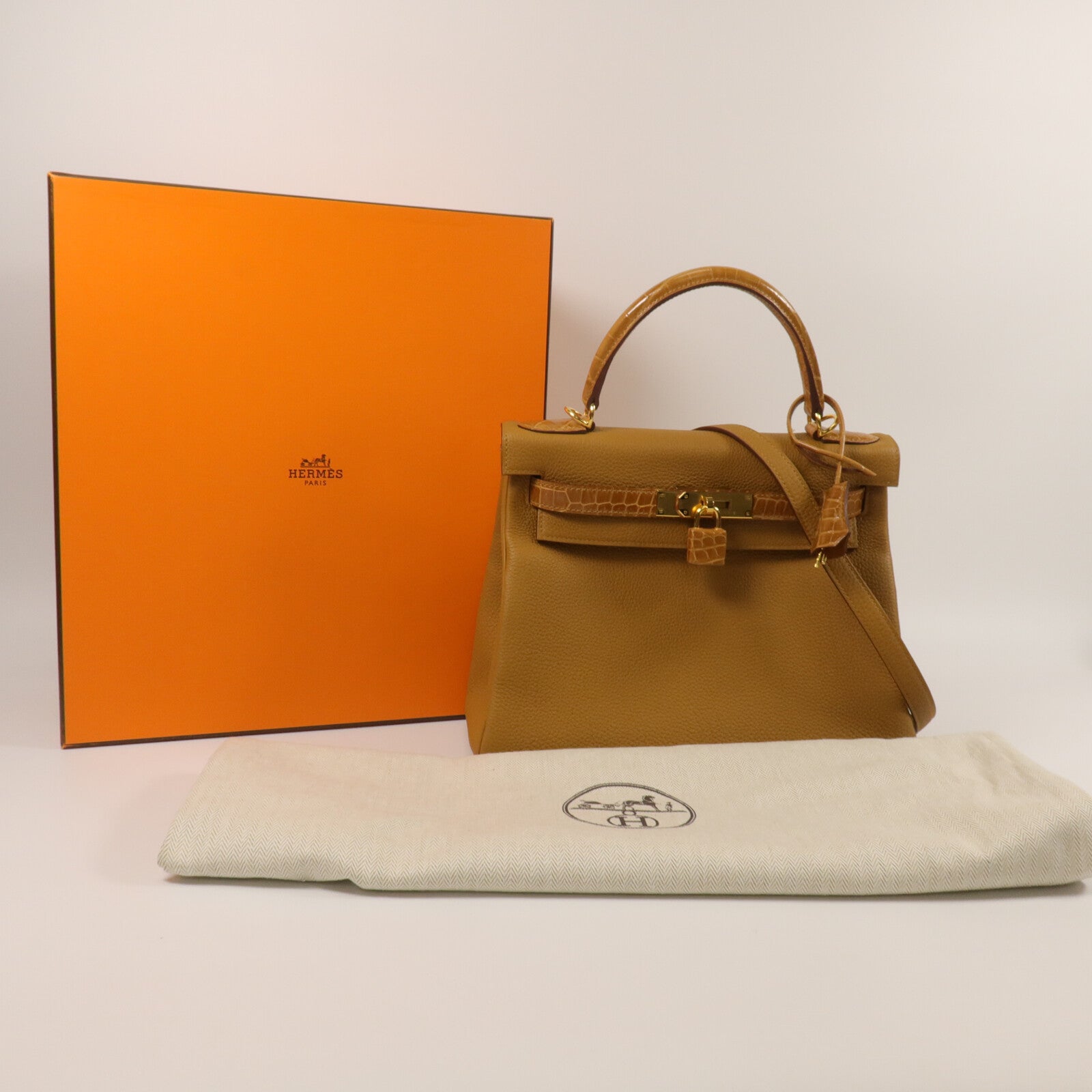 HERMES Togo/Crocodile皮革Kelly 28 Touch手挽肩背兩用袋Tabac Camel