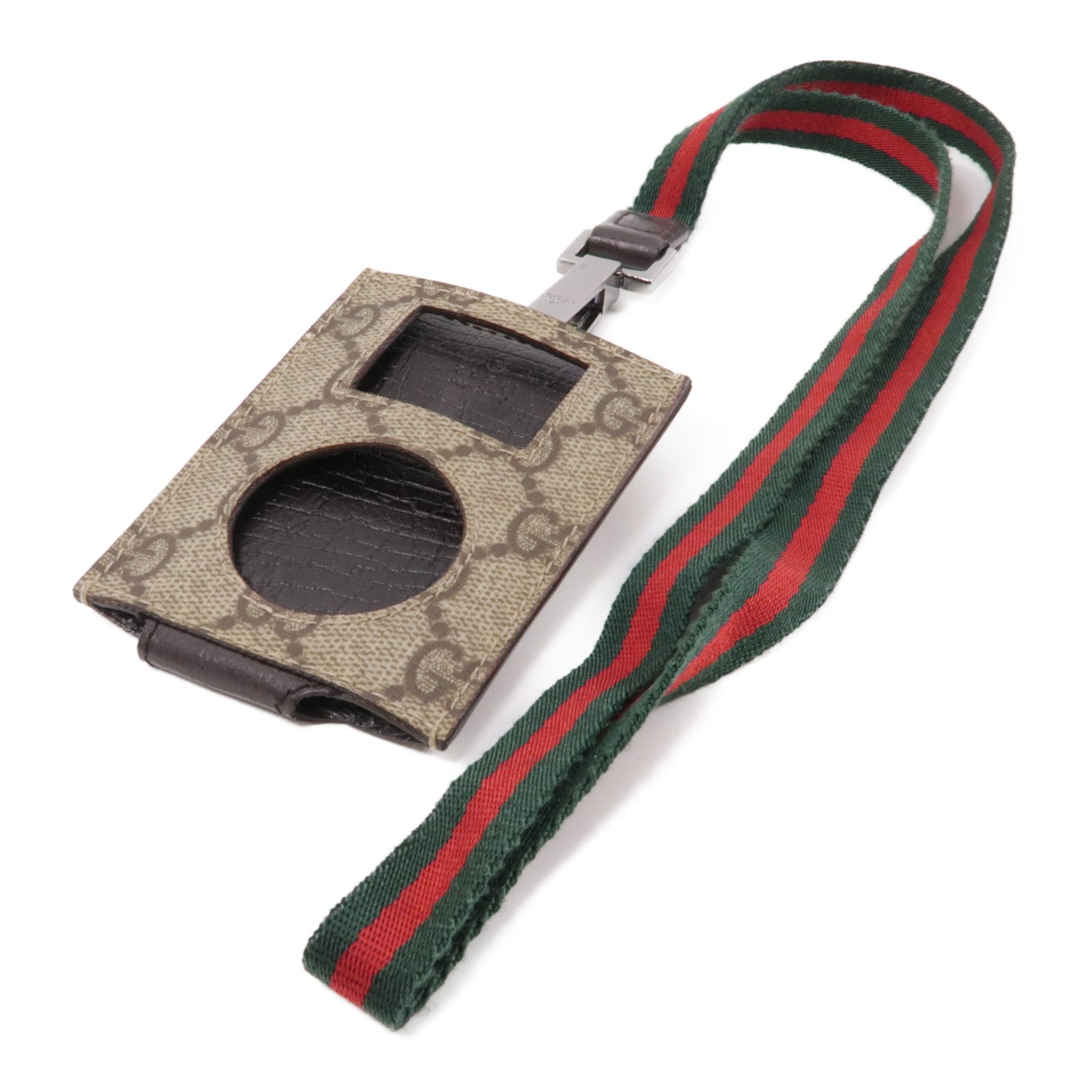 GUCCI 塗層帆布Card Case With Shoulder Strap銀扣卡夾棕色