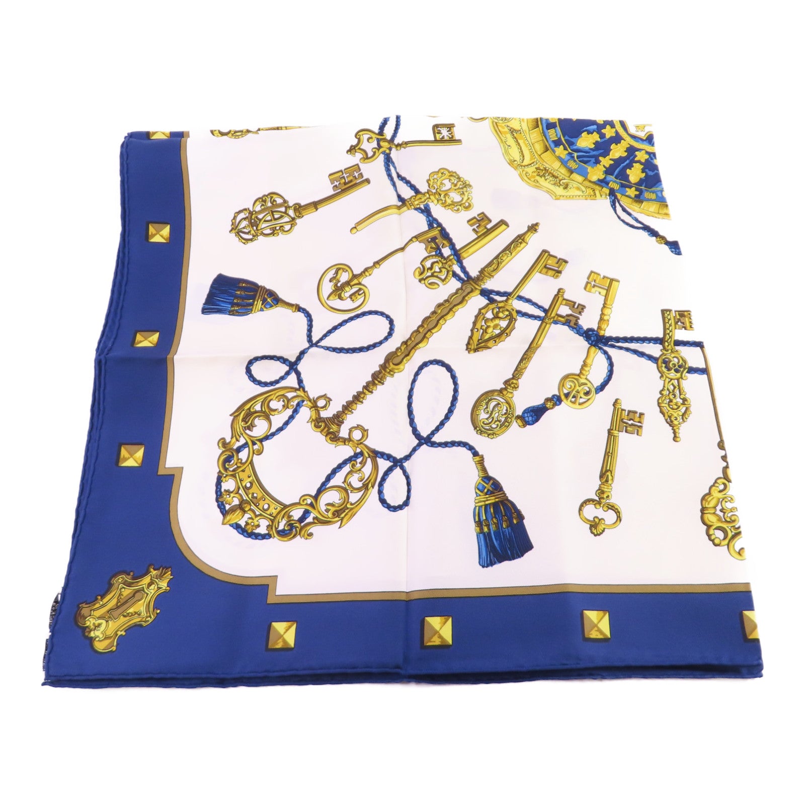HERMES 絲質Scarf 90X90絲巾藍色/白色/金色