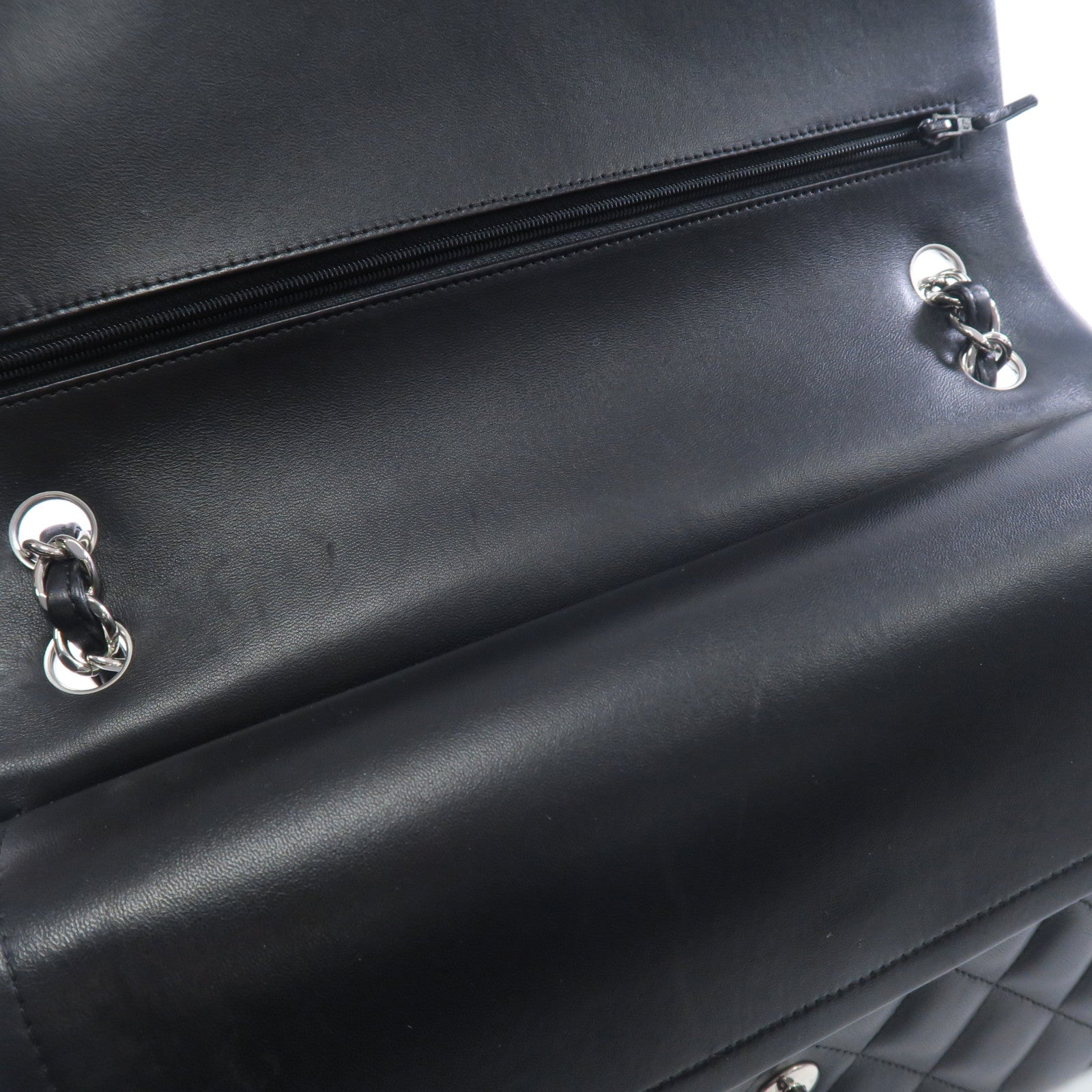 CHANEL 羊皮皮革Large Classic銀扣鏈帶肩背袋黑色