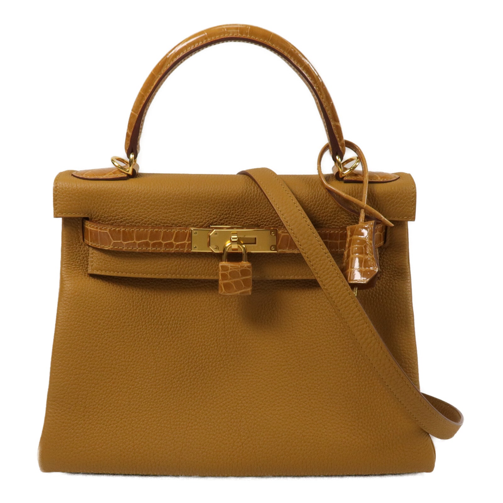 HERMES Togo/Crocodile皮革Kelly 28 Touch手挽肩背兩用袋Tabac Camel