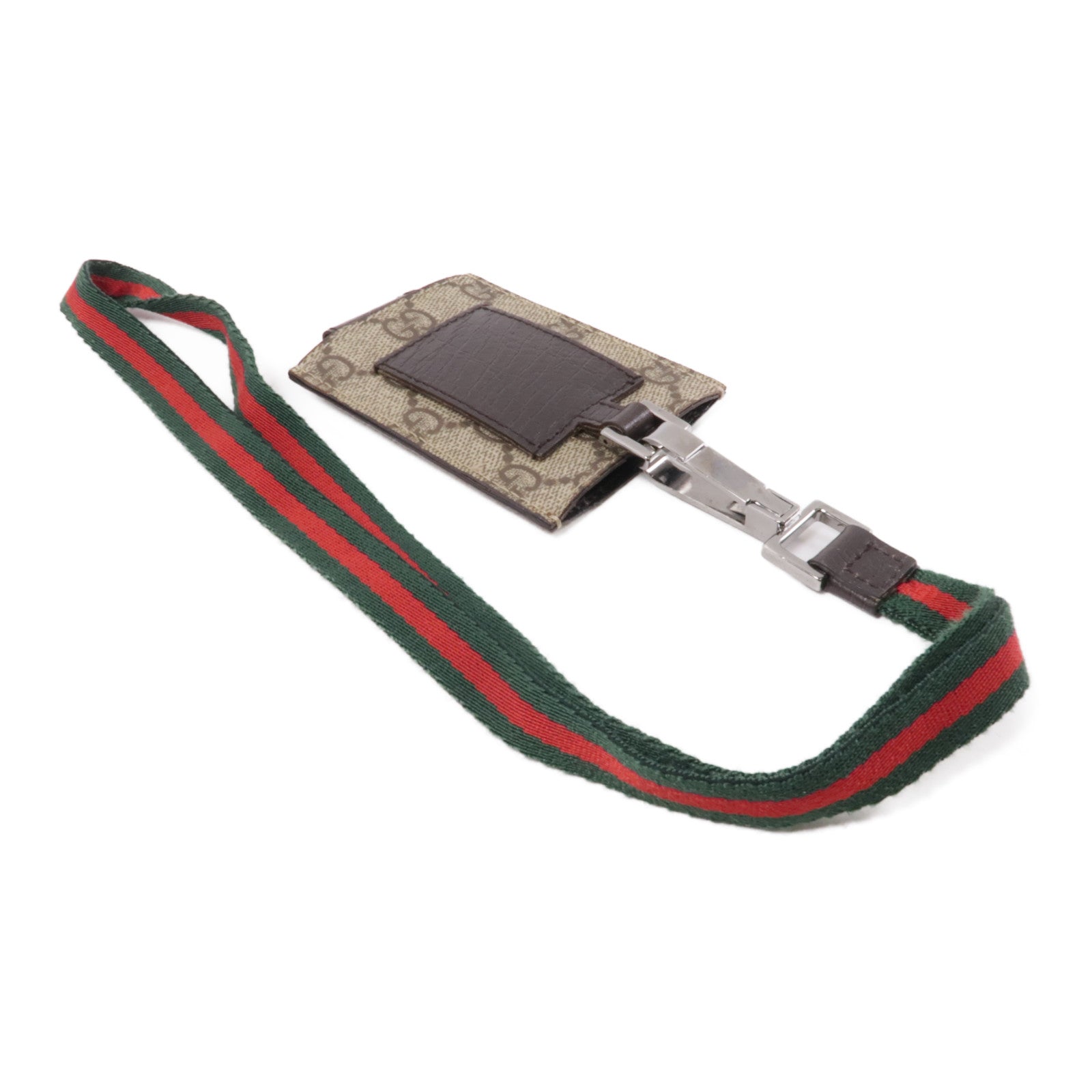GUCCI 塗層帆布Card Case With Shoulder Strap銀扣卡夾棕色