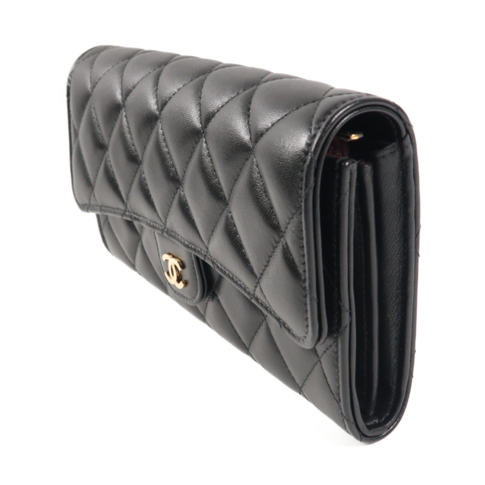 CHANEL 菱格羊皮皮革Classic Long Wallet金扣長錢包黑色