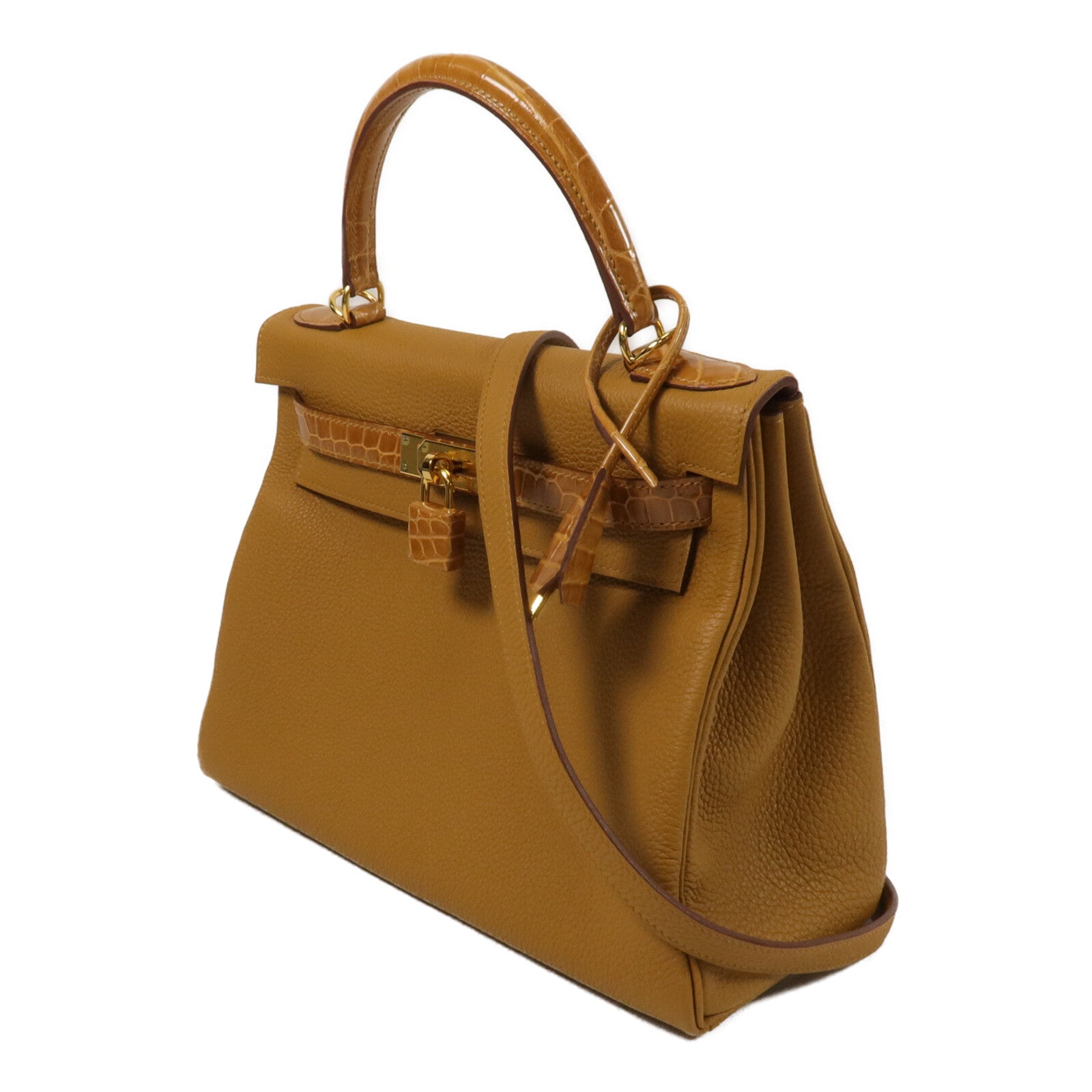 HERMES Togo/Crocodile皮革Kelly 28 Touch手挽肩背兩用袋Tabac Camel