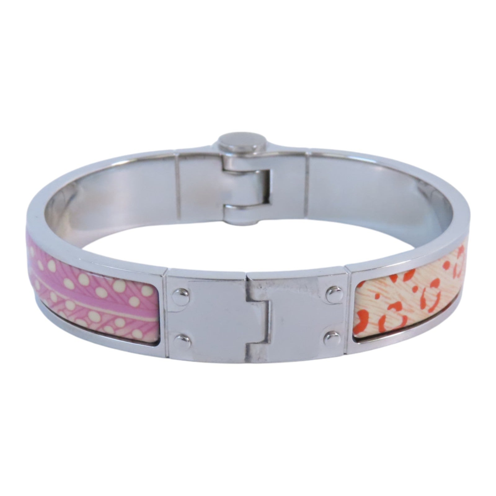 HERMES PHW Hinged Bracelet Bangle Metal Enamel Pink Orange Multicolor