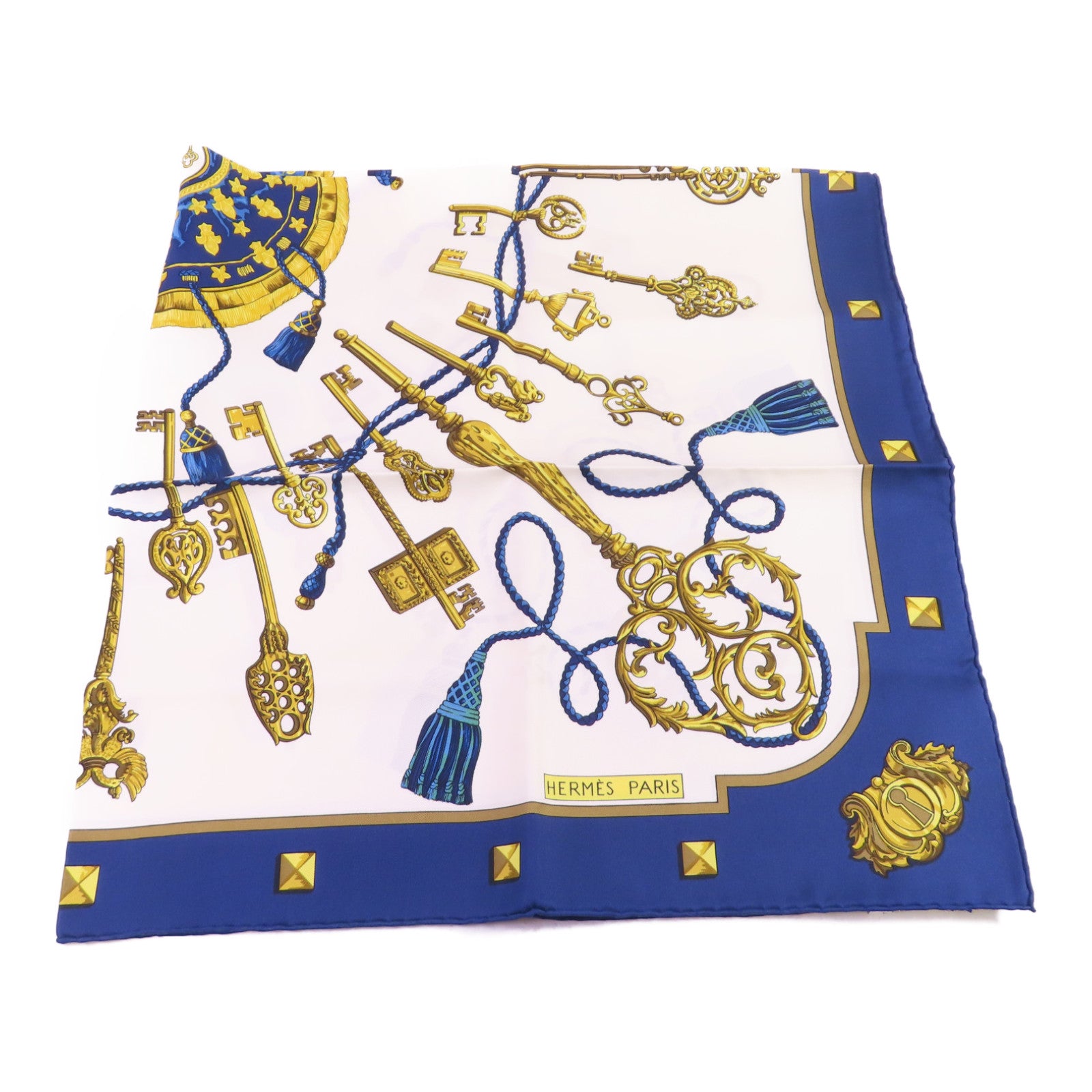 HERMES 絲質Scarf 90X90絲巾藍色/白色/金色