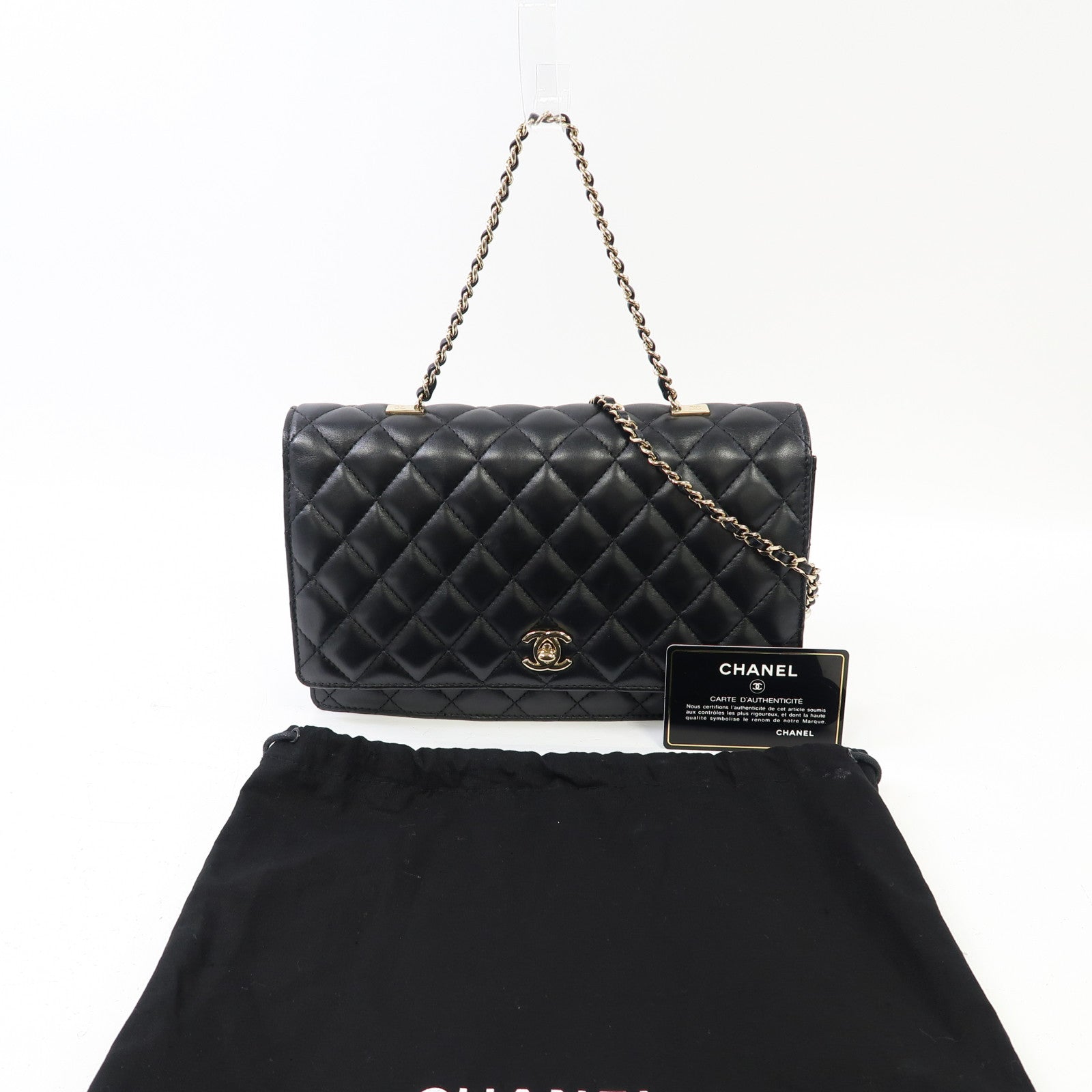 CHANEL 菱格羊皮皮革Shoulder Bag金扣手挽肩背兩用袋黑色