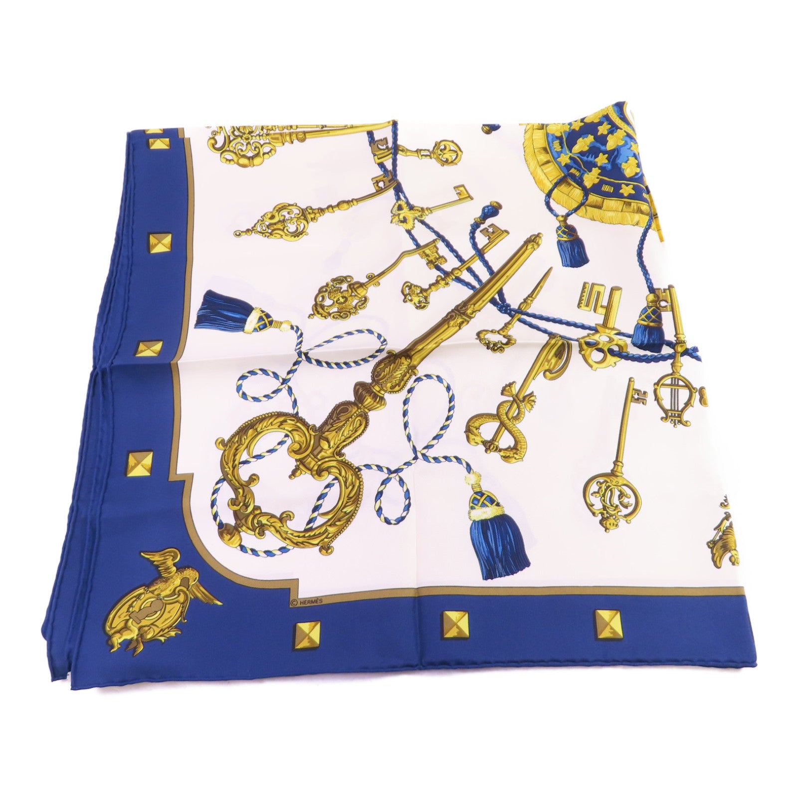 HERMES 絲質Scarf 90X90絲巾藍色/白色/金色
