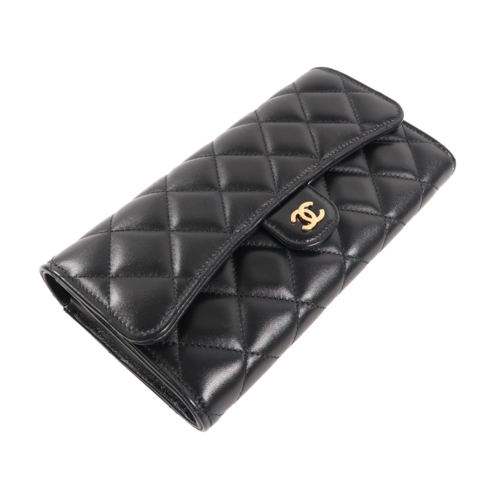 CHANEL 菱格羊皮皮革Classic Long Wallet金扣長錢包黑色
