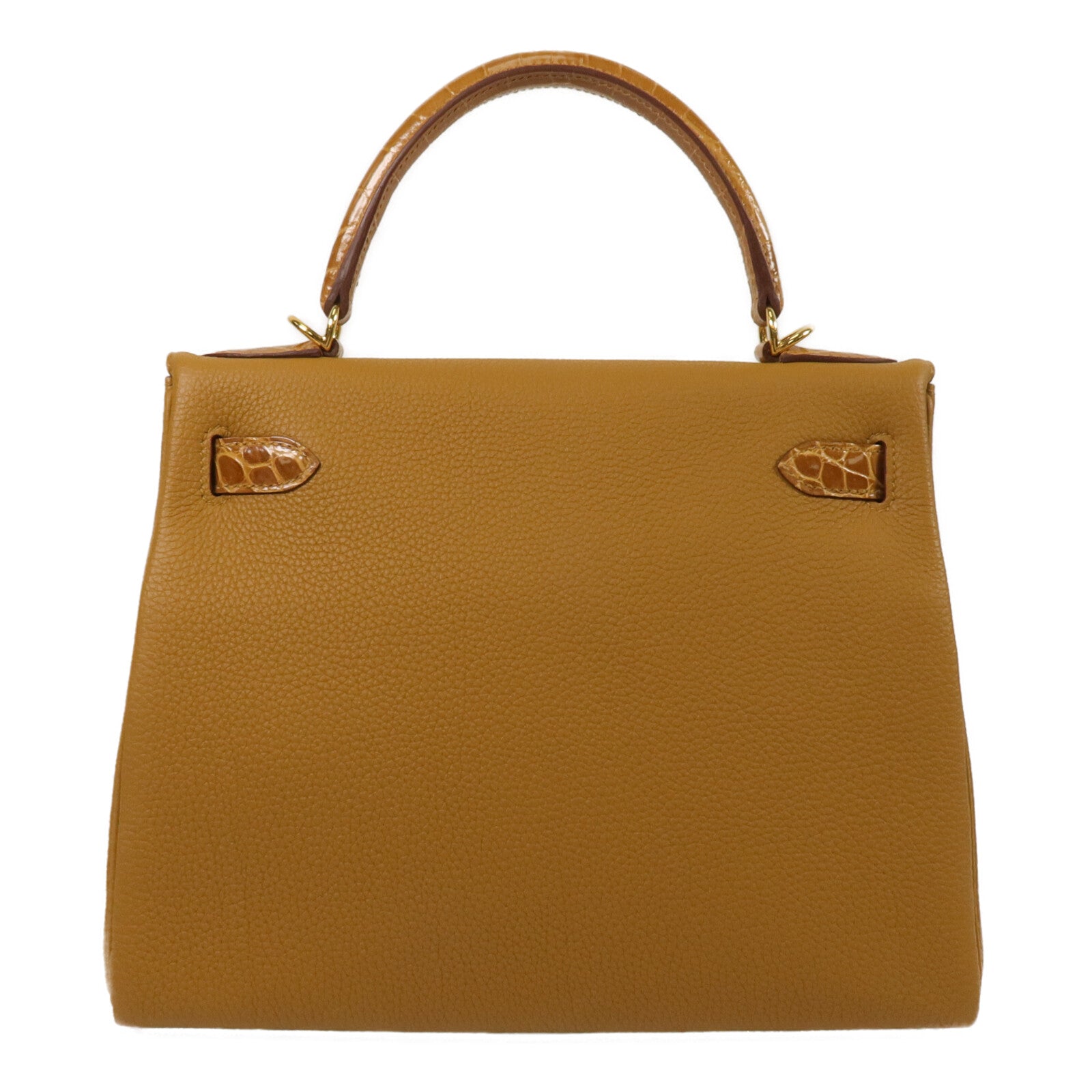 HERMES Togo/Crocodile皮革Kelly 28 Touch手挽肩背兩用袋Tabac Camel