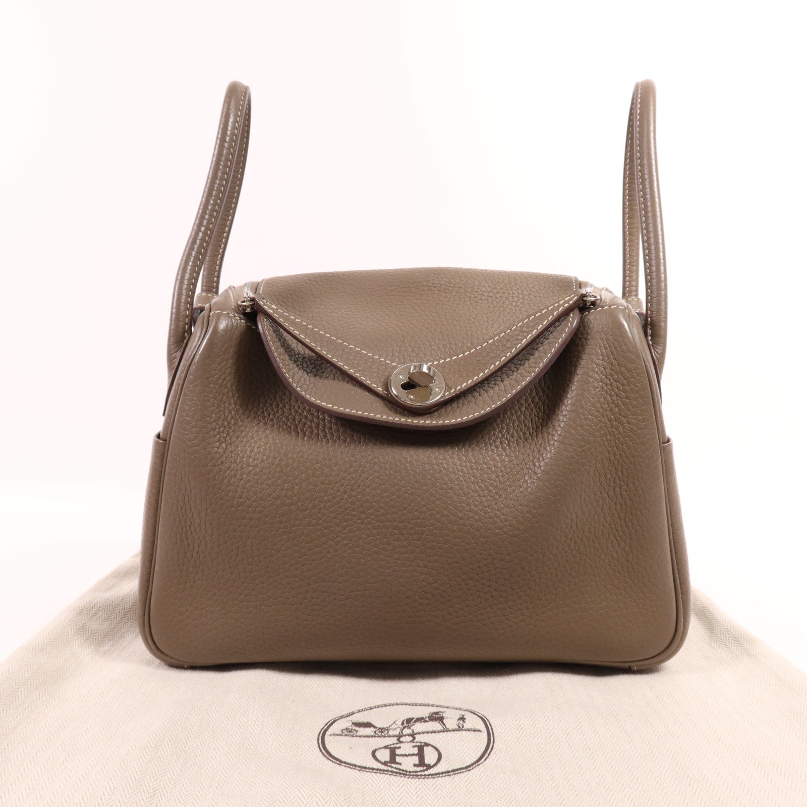 HERMES Clemence皮革Lindy 26銀扣手挽肩背兩用袋Etoupe