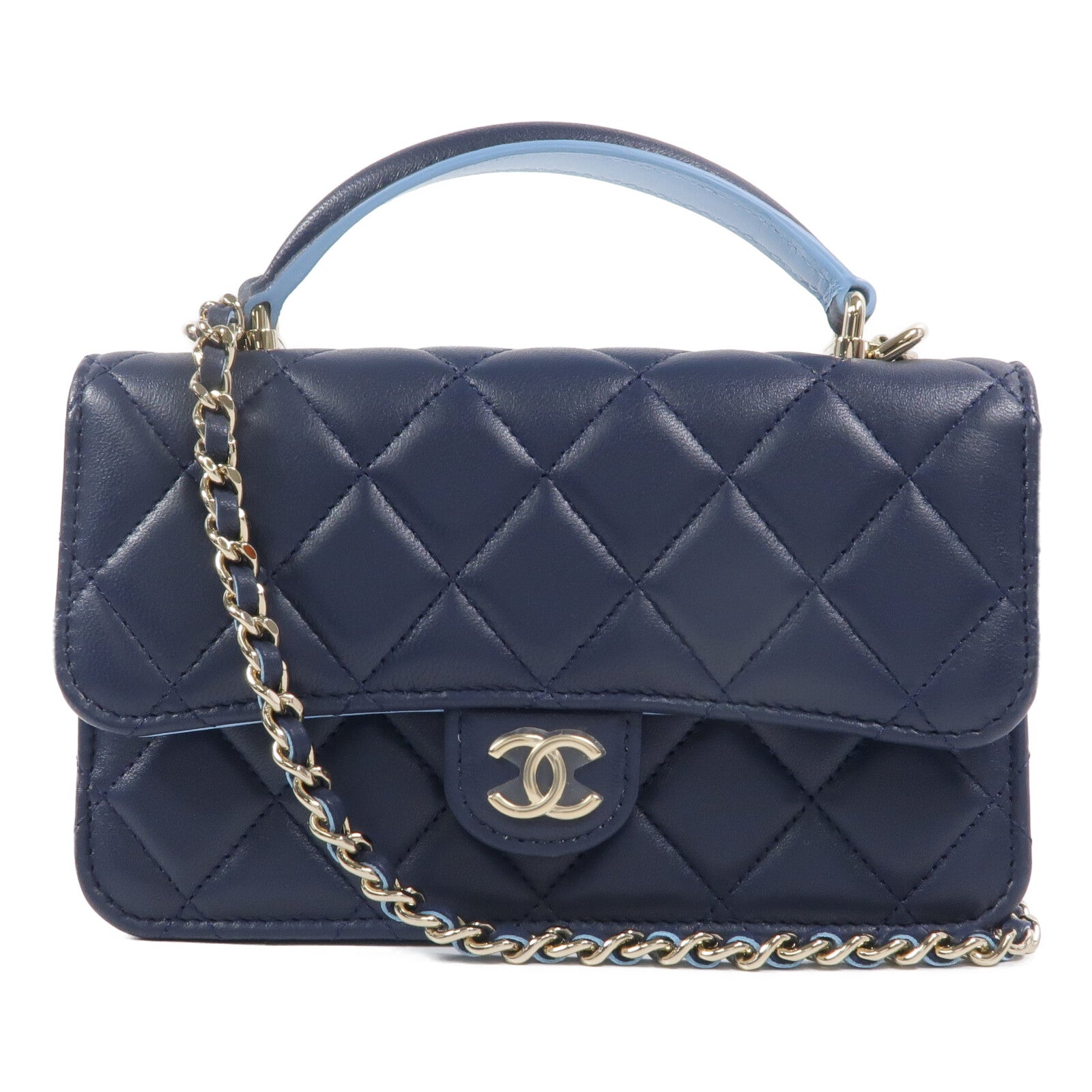 CHANEL 羊皮皮革Mini Flap With Handle鏈帶手挽肩背兩用袋