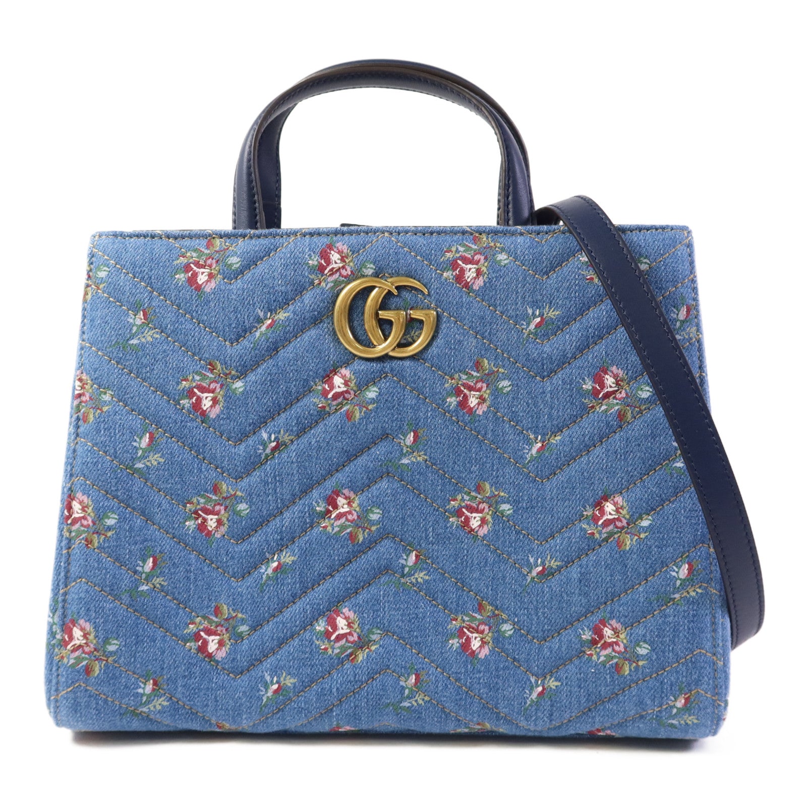 GUCCI 牛仔布Marmont Matelasse金扣手挽肩背兩用袋