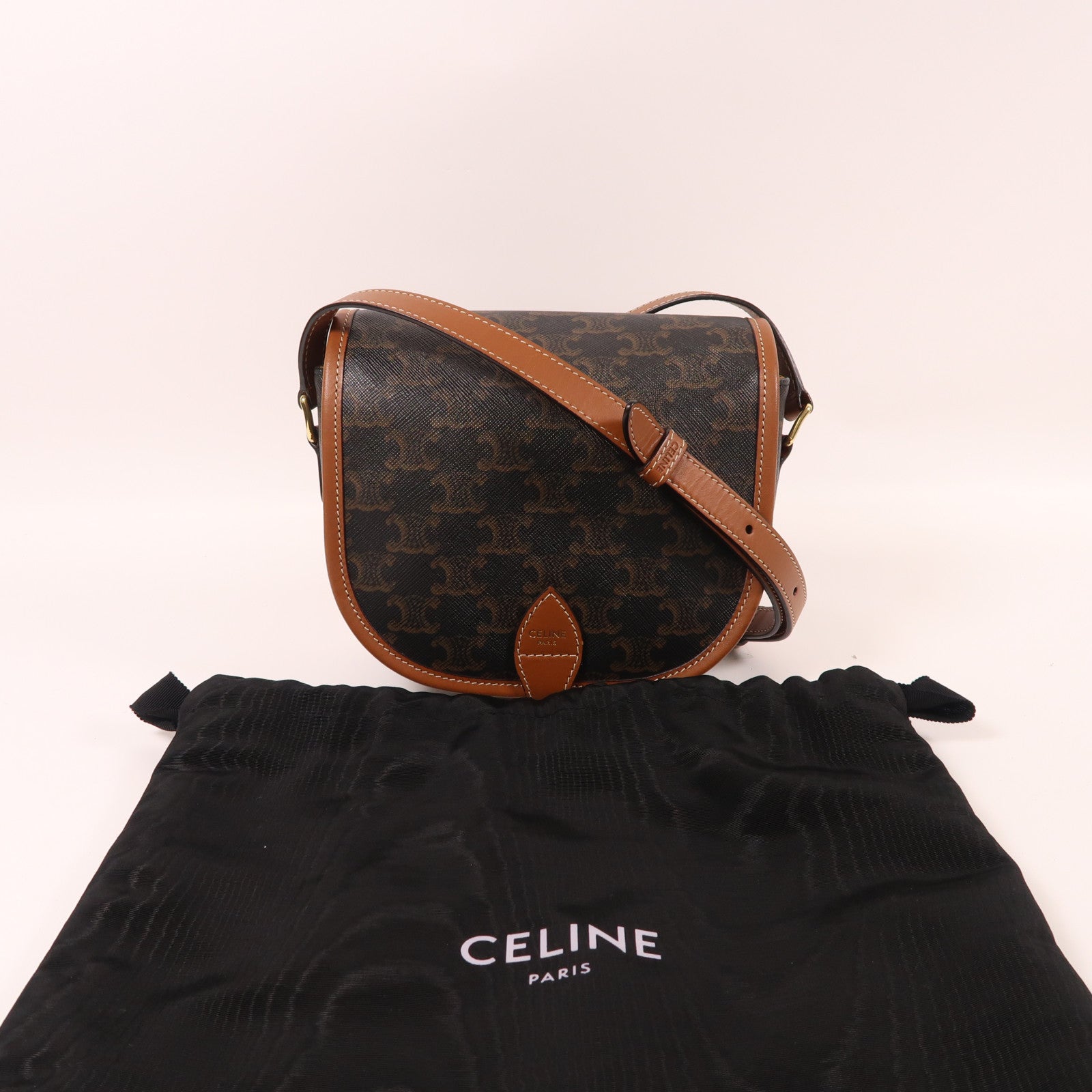 CELINE 塗層帆布Folco金扣肩背袋黑色/棕色