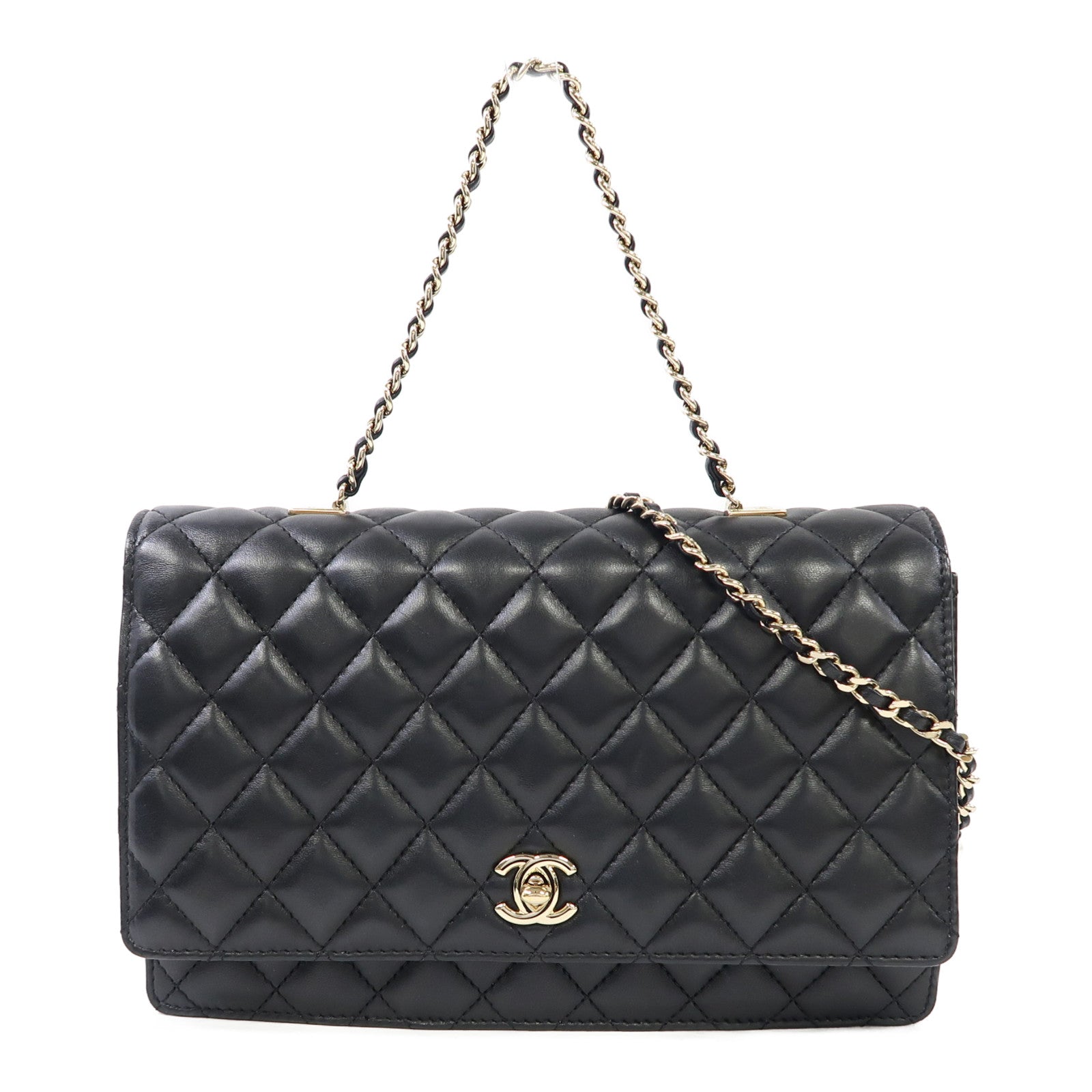 CHANEL 菱格羊皮皮革Shoulder Bag金扣手挽肩背兩用袋黑色
