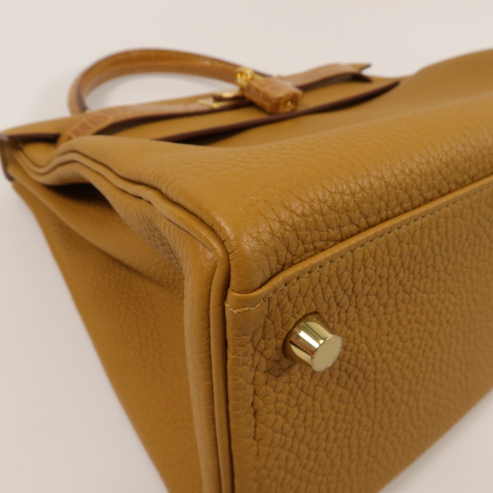 HERMES Togo/Crocodile皮革Kelly 28 Touch手挽肩背兩用袋Tabac Camel