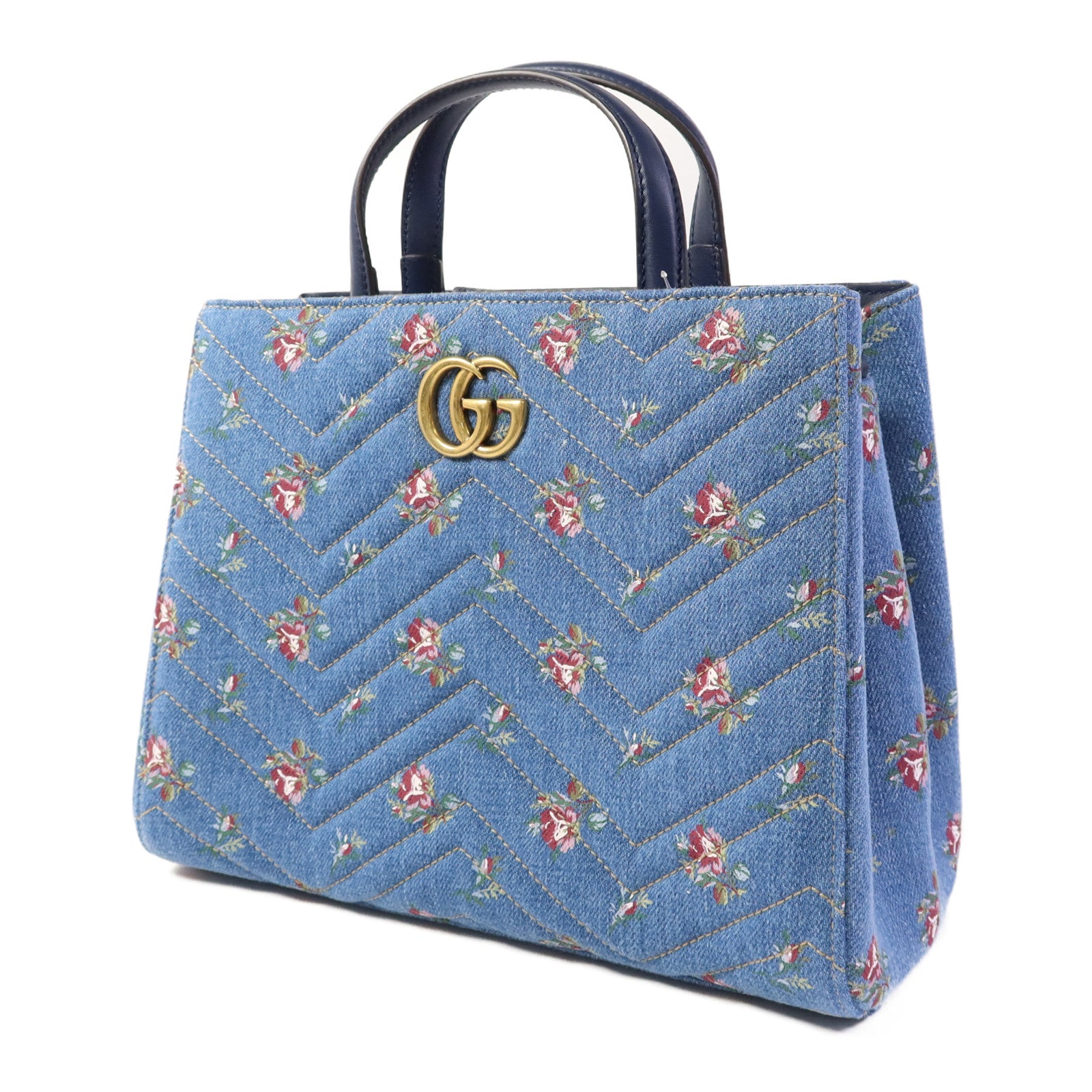 GUCCI 牛仔布Marmont Matelasse金扣手挽肩背兩用袋