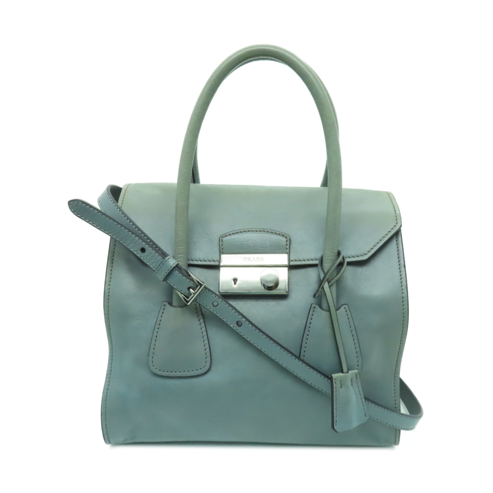 PRADA 【清倉大減價】牛皮皮革2 Way Shoulder Bag銀扣手挽肩背兩用袋海藍色