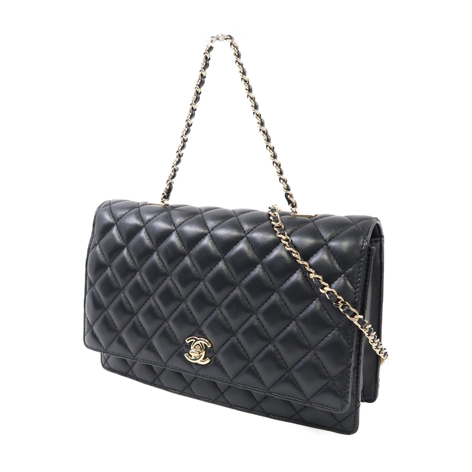 CHANEL 菱格羊皮皮革Shoulder Bag金扣手挽肩背兩用袋黑色