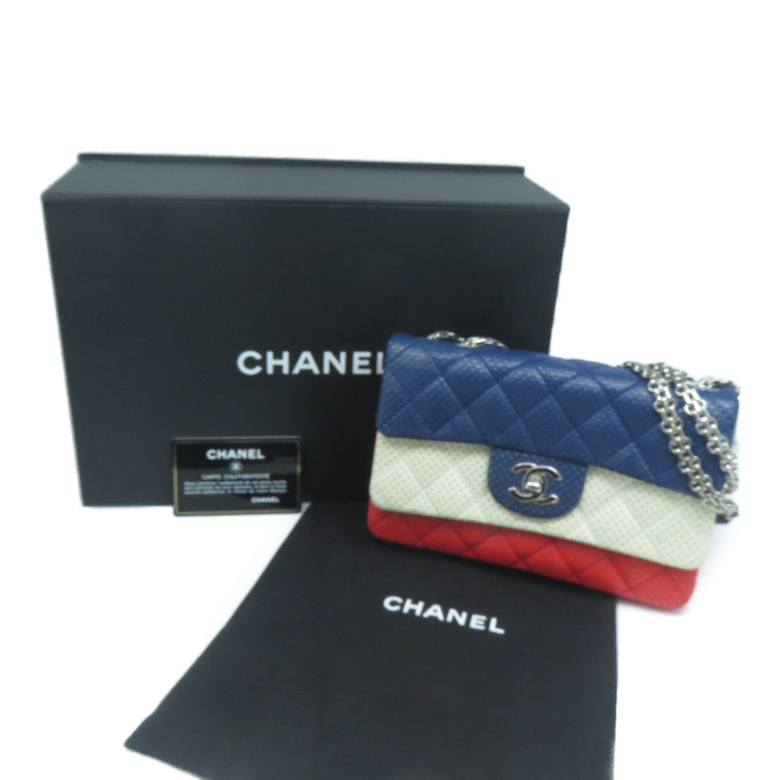 CHANEL **【激減優惠】菱格牛皮皮革Mini 20cm銀扣鏈帶肩背袋藍色/白色/紅色