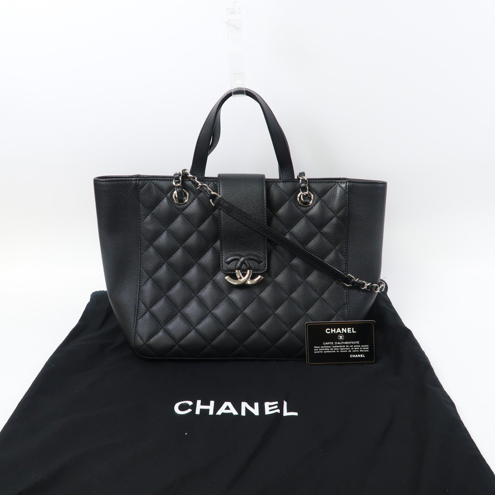 CHANEL 菱格牛皮皮革Chain Shoulder銀扣手挽鏈帶肩背兩用袋黑色