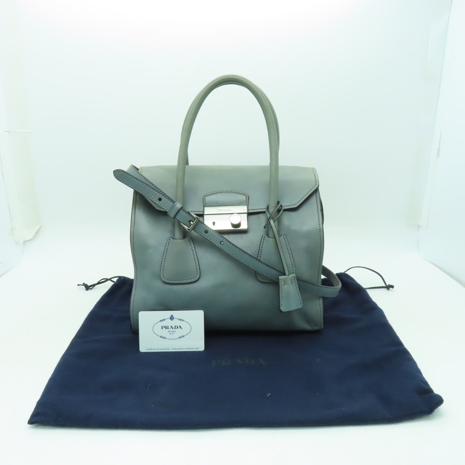 PRADA 【清倉大減價】牛皮皮革2 Way Shoulder Bag銀扣手挽肩背兩用袋海藍色