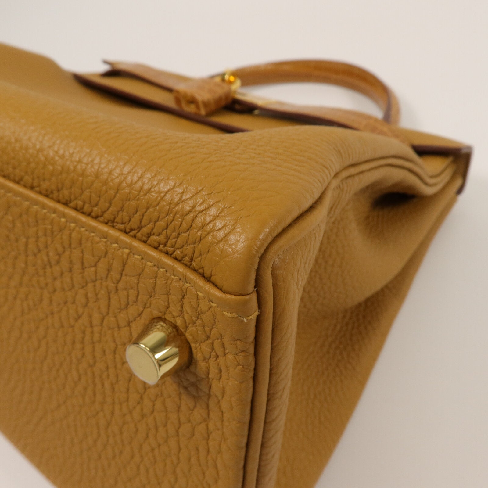 HERMES Togo/Crocodile皮革Kelly 28 Touch手挽肩背兩用袋Tabac Camel