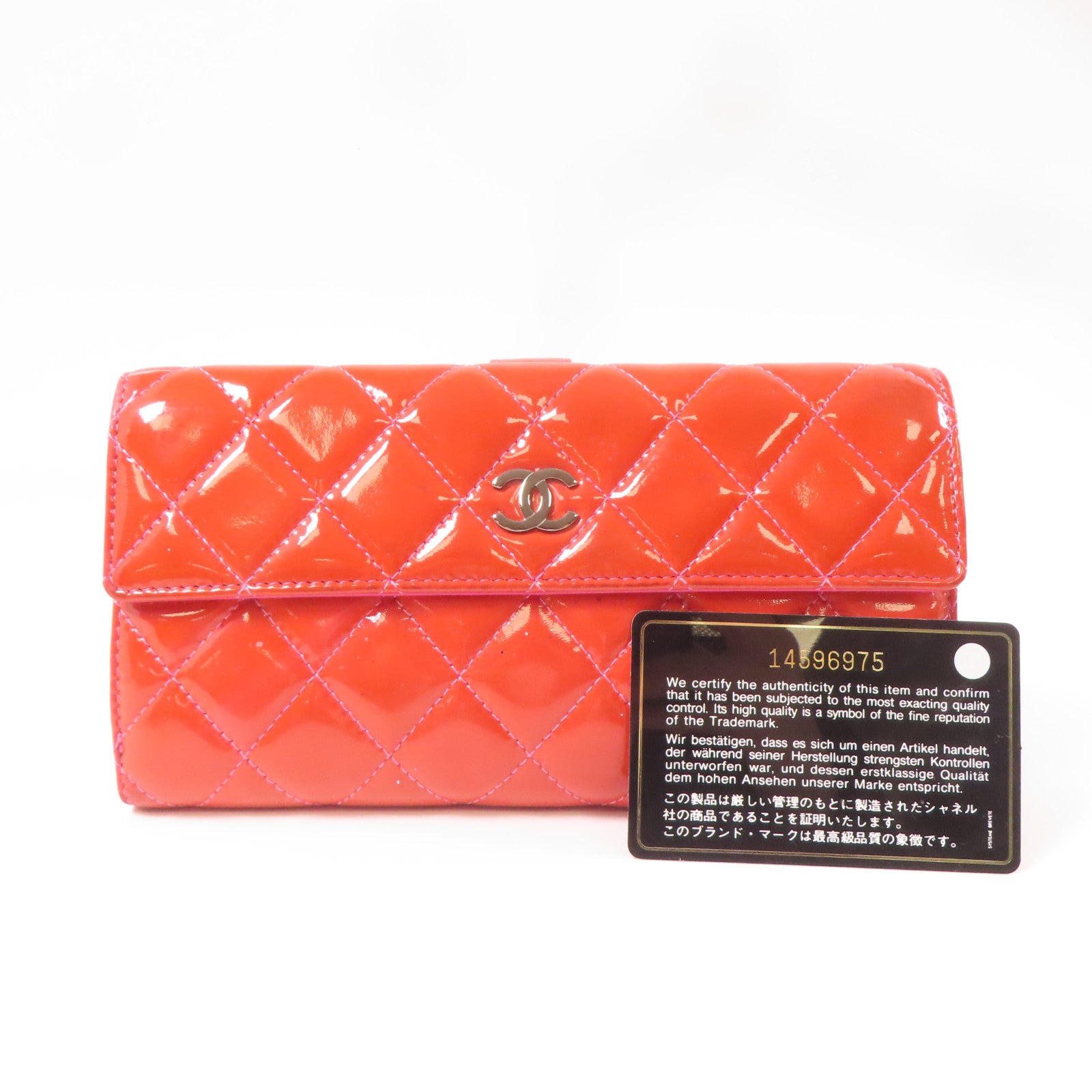 CHANEL 菱格漆皮皮革Long Wallet銀扣長錢包橙色