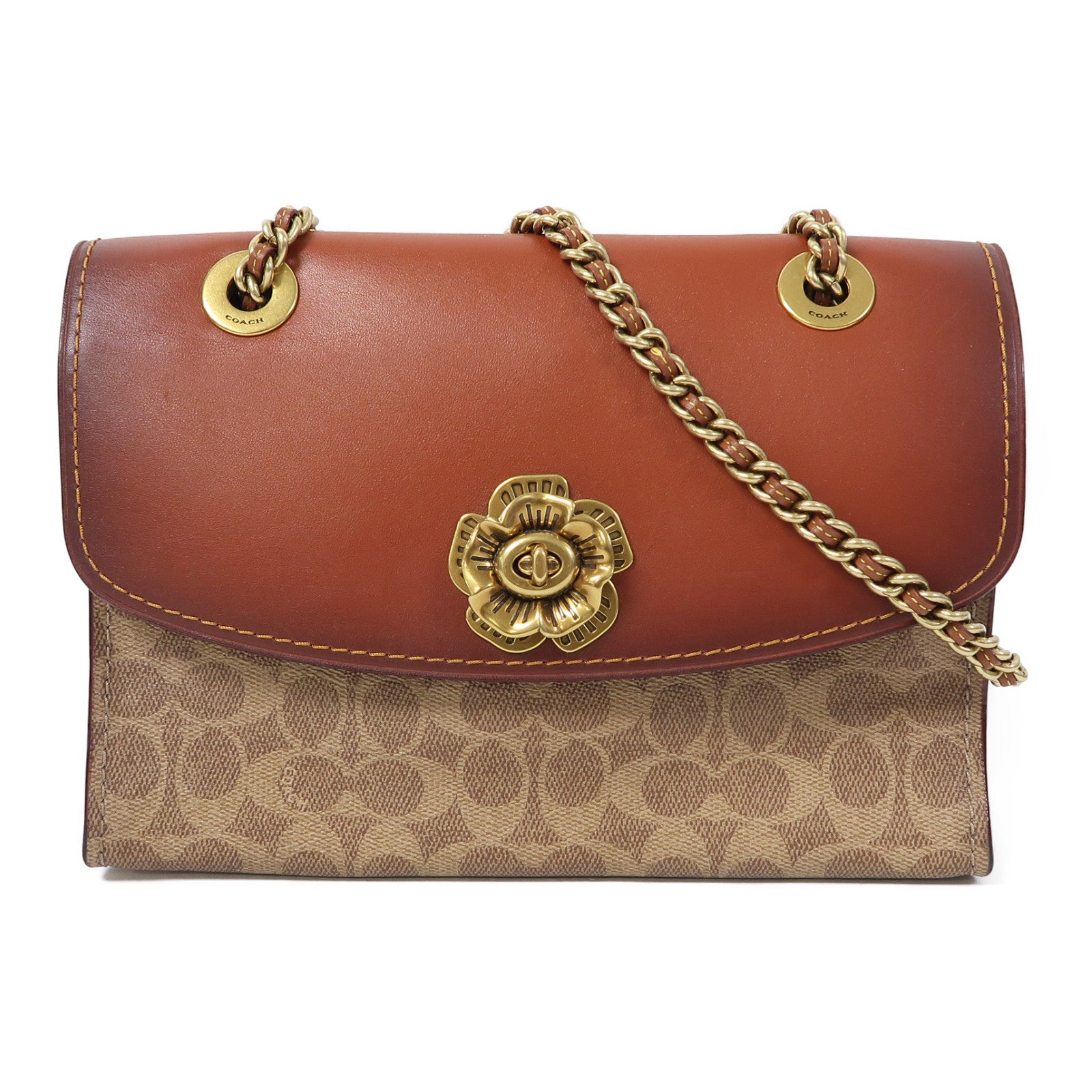 COACH 牛皮皮革/塗層帆布Shoulder Bag金扣鏈帶肩背袋啡色