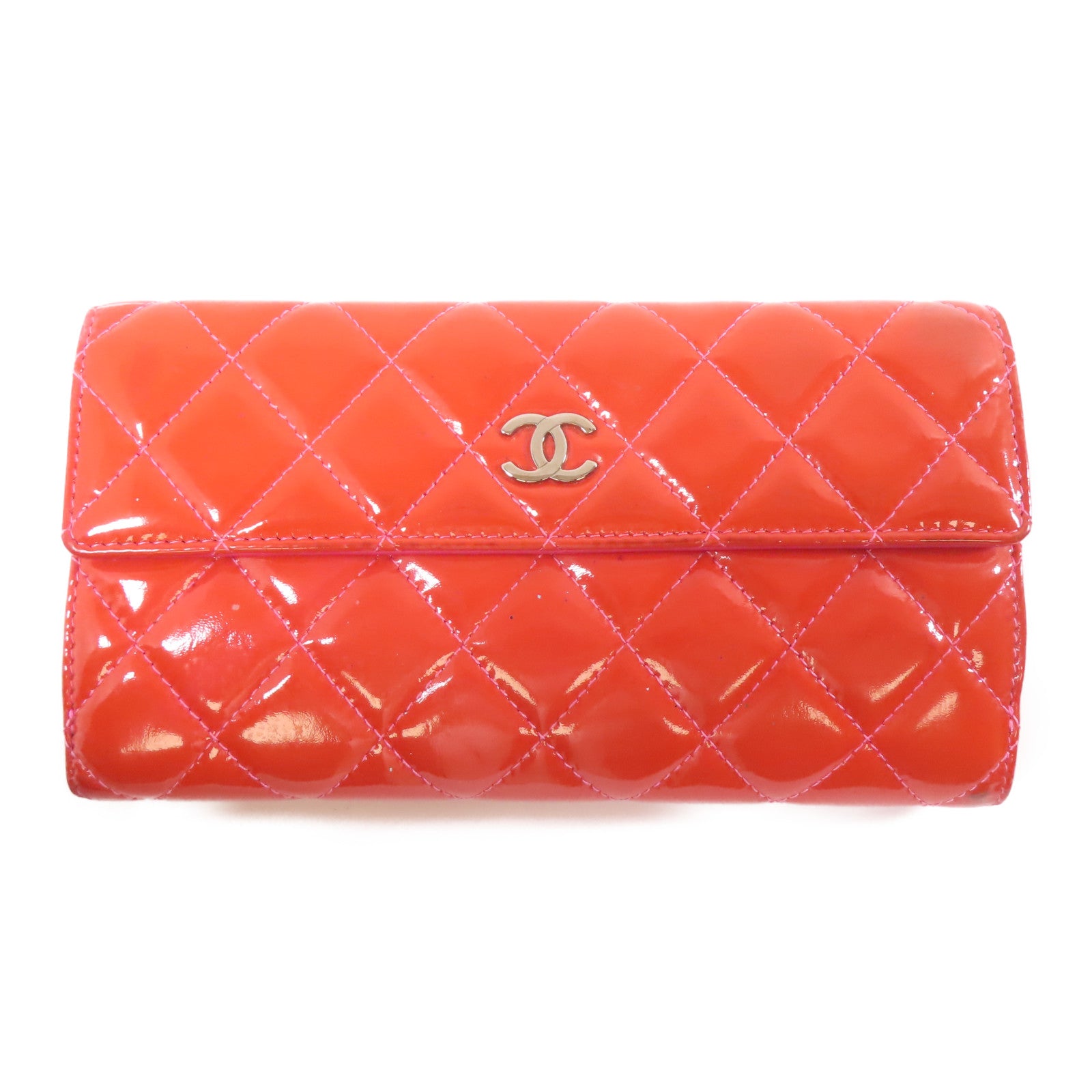 CHANEL 菱格漆皮皮革Long Wallet銀扣長錢包橙色