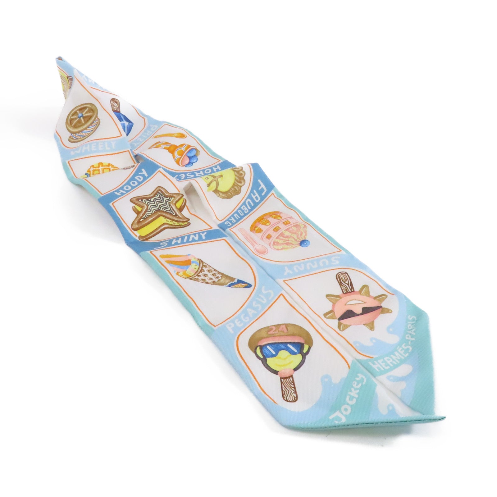 HERMES 絲質Twilly絲巾淺藍色/彩色