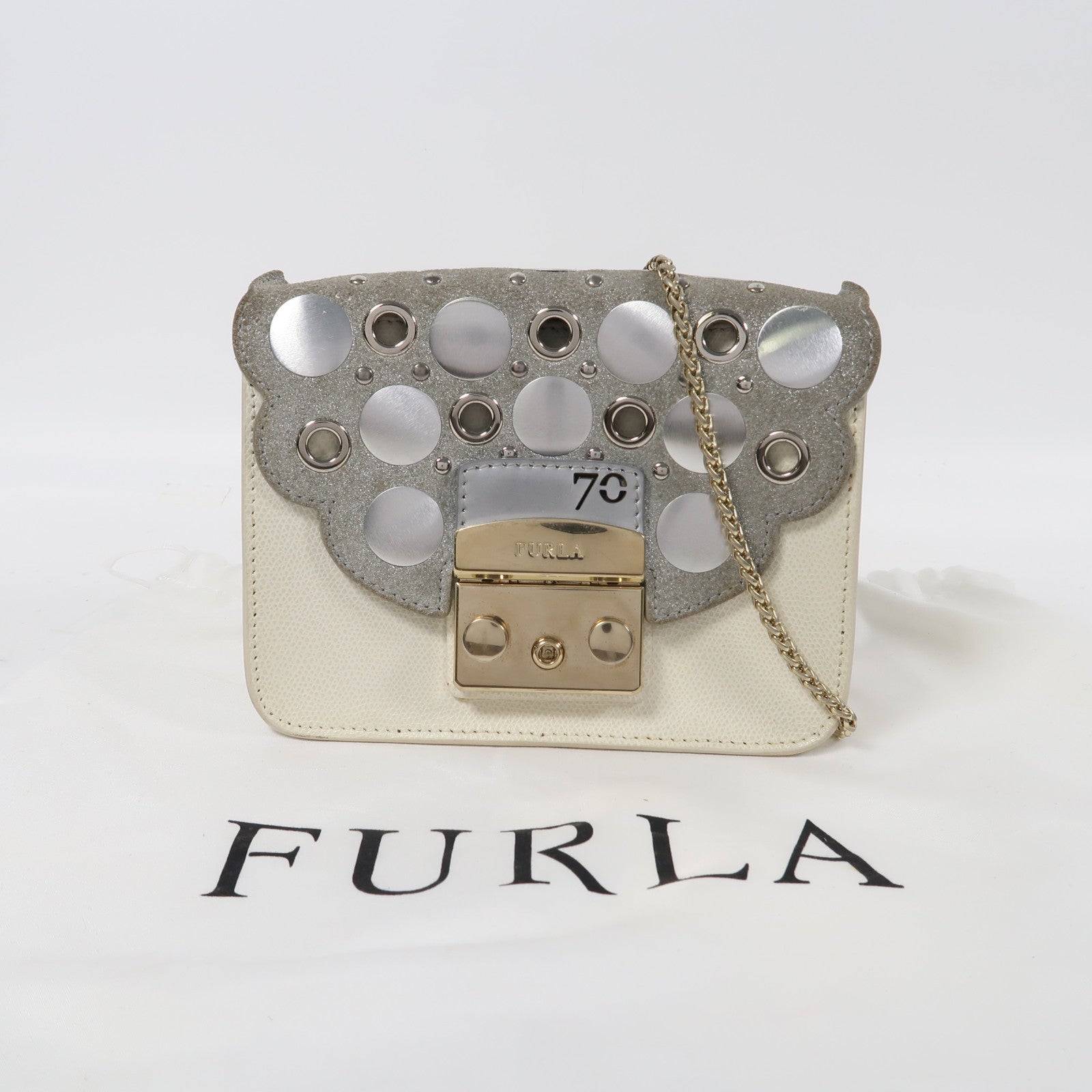 Furla 牛皮皮革Shoulder Bag金扣鏈帶肩背袋白色/灰色
