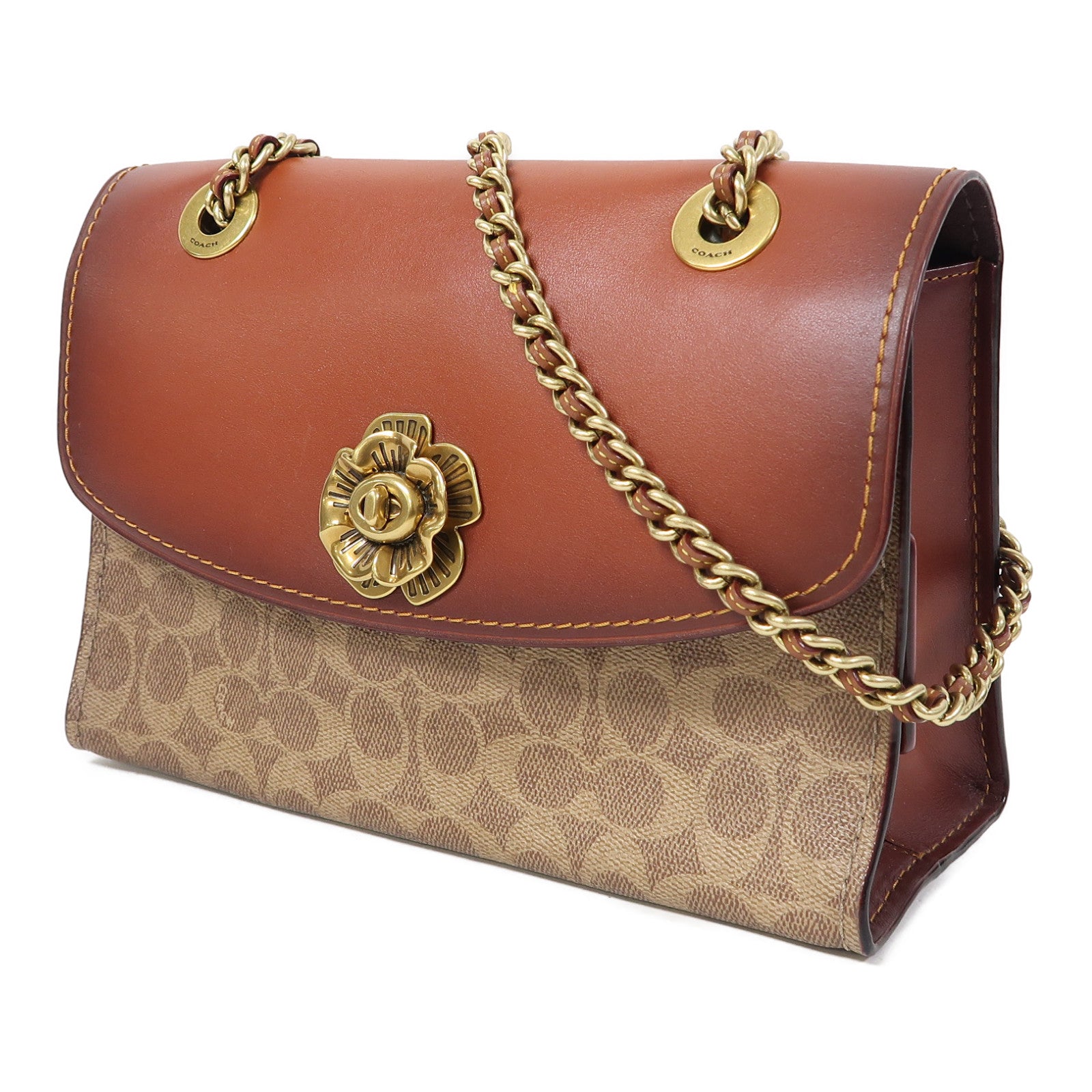 COACH 牛皮皮革/塗層帆布Shoulder Bag金扣鏈帶肩背袋啡色