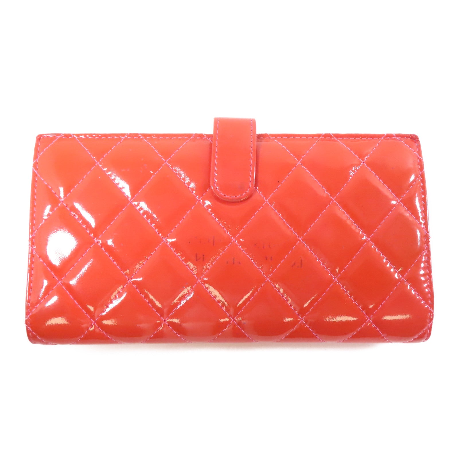 CHANEL 菱格漆皮皮革Long Wallet銀扣長錢包橙色