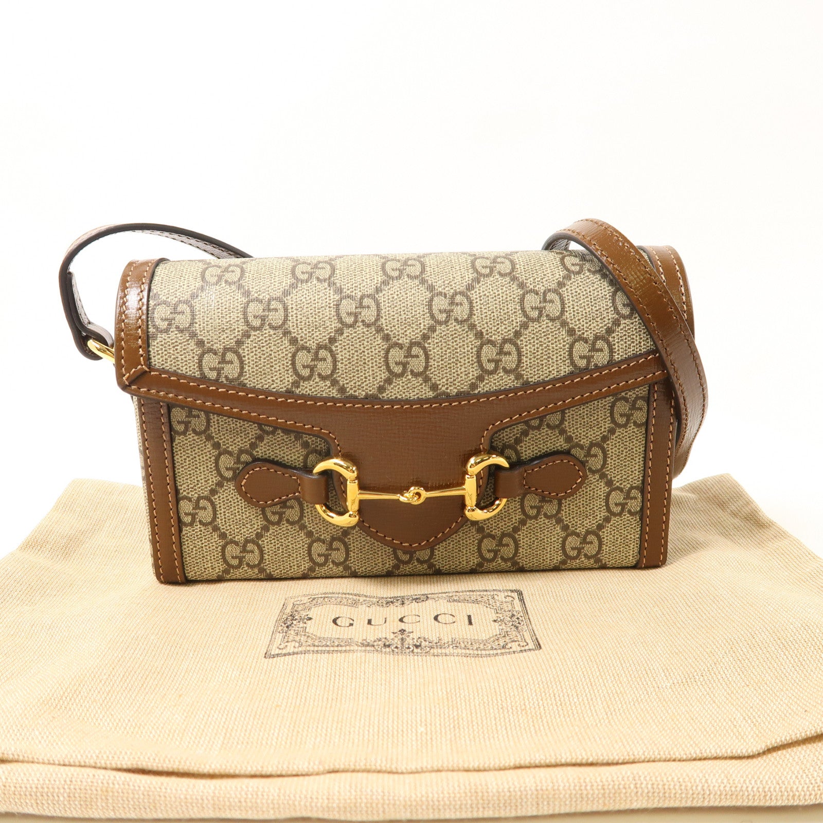 GUCCI 塗層帆布Horsebit 1955 Mini金扣肩背袋啡色