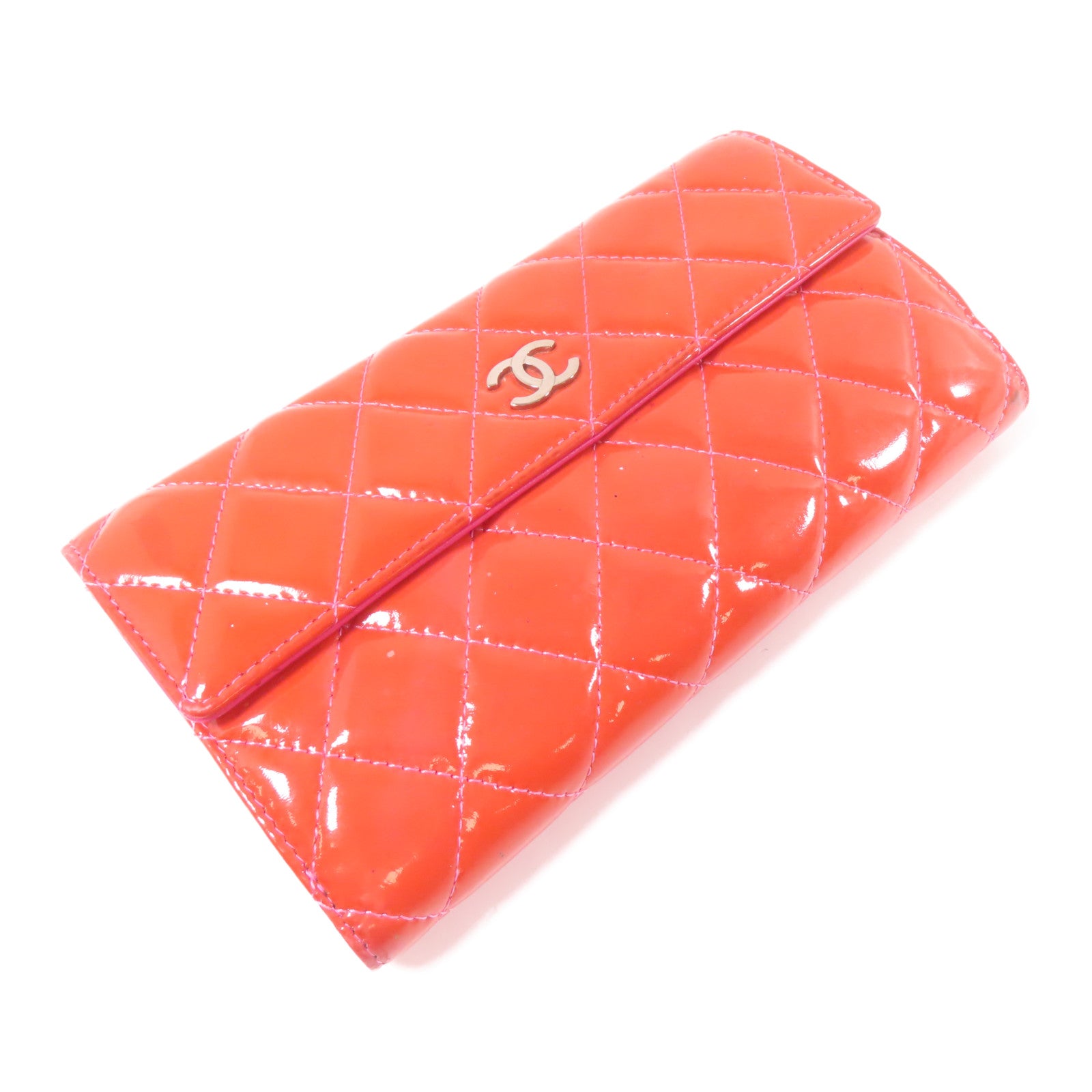 CHANEL 菱格漆皮皮革Long Wallet銀扣長錢包橙色