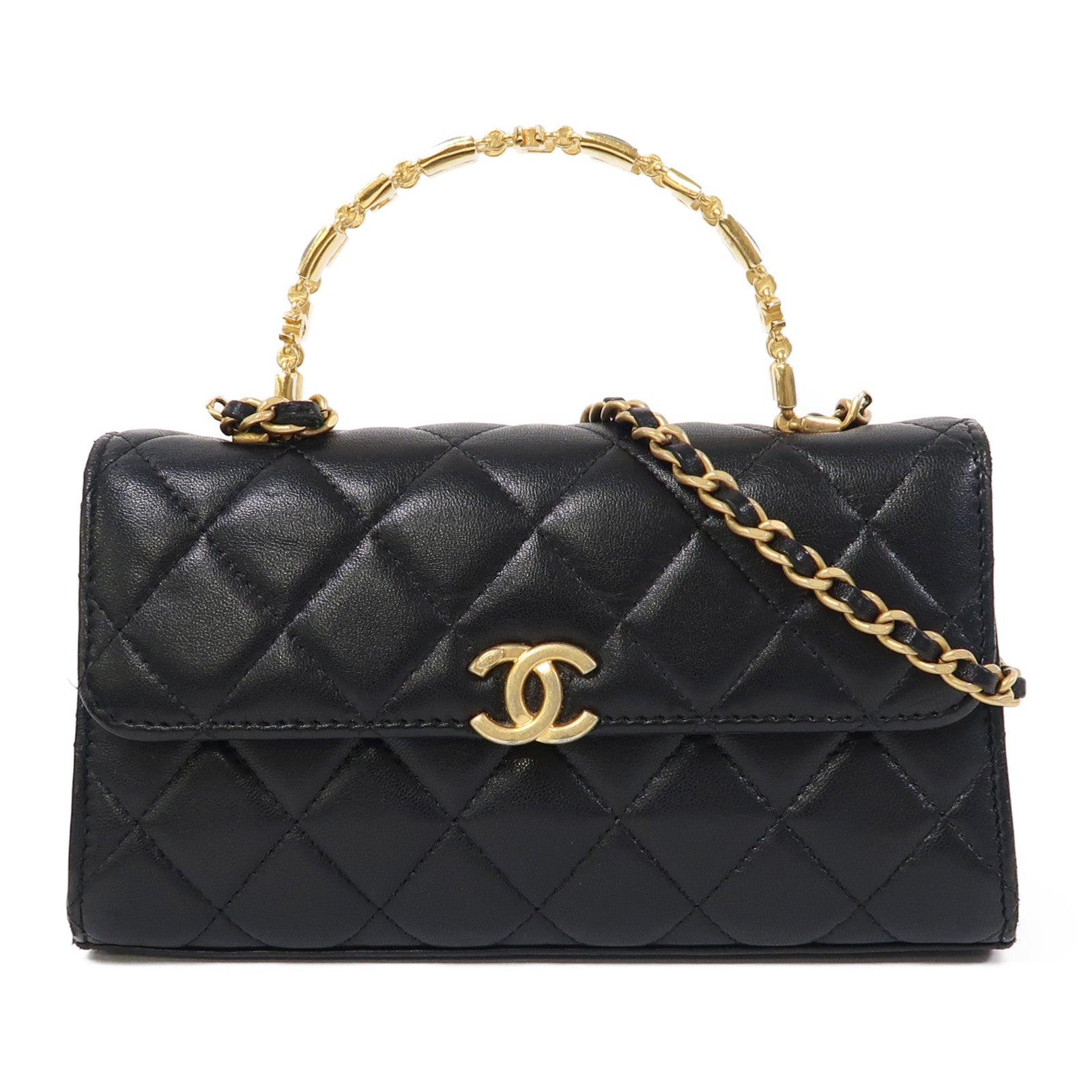 CHANEL 【激減優惠】菱格羊皮皮革Chain Shoulder金扣鏈帶肩背袋黑色