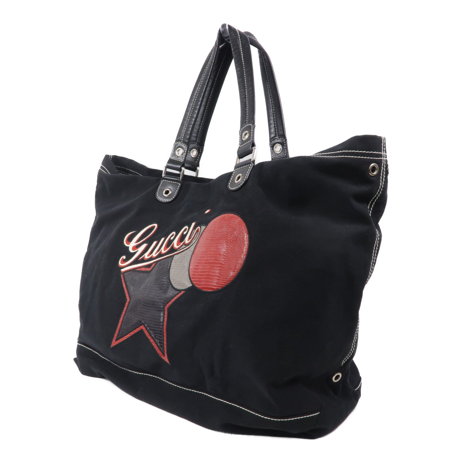 GUCCI 帆布/蜥蜴皮革Tote Bag肩背袋