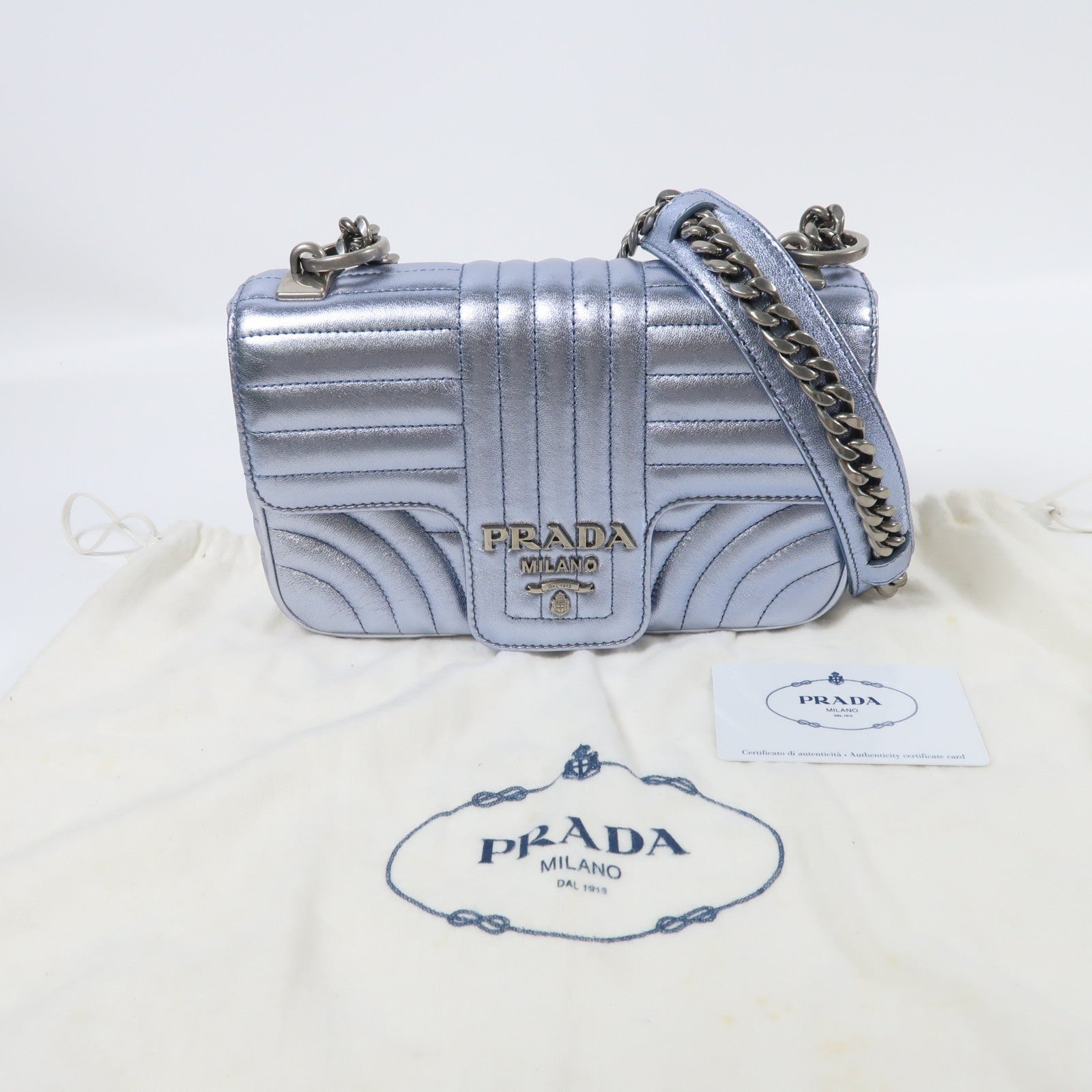 PRADA 羊皮皮革Chain Shoulder銀扣鏈帶肩背袋