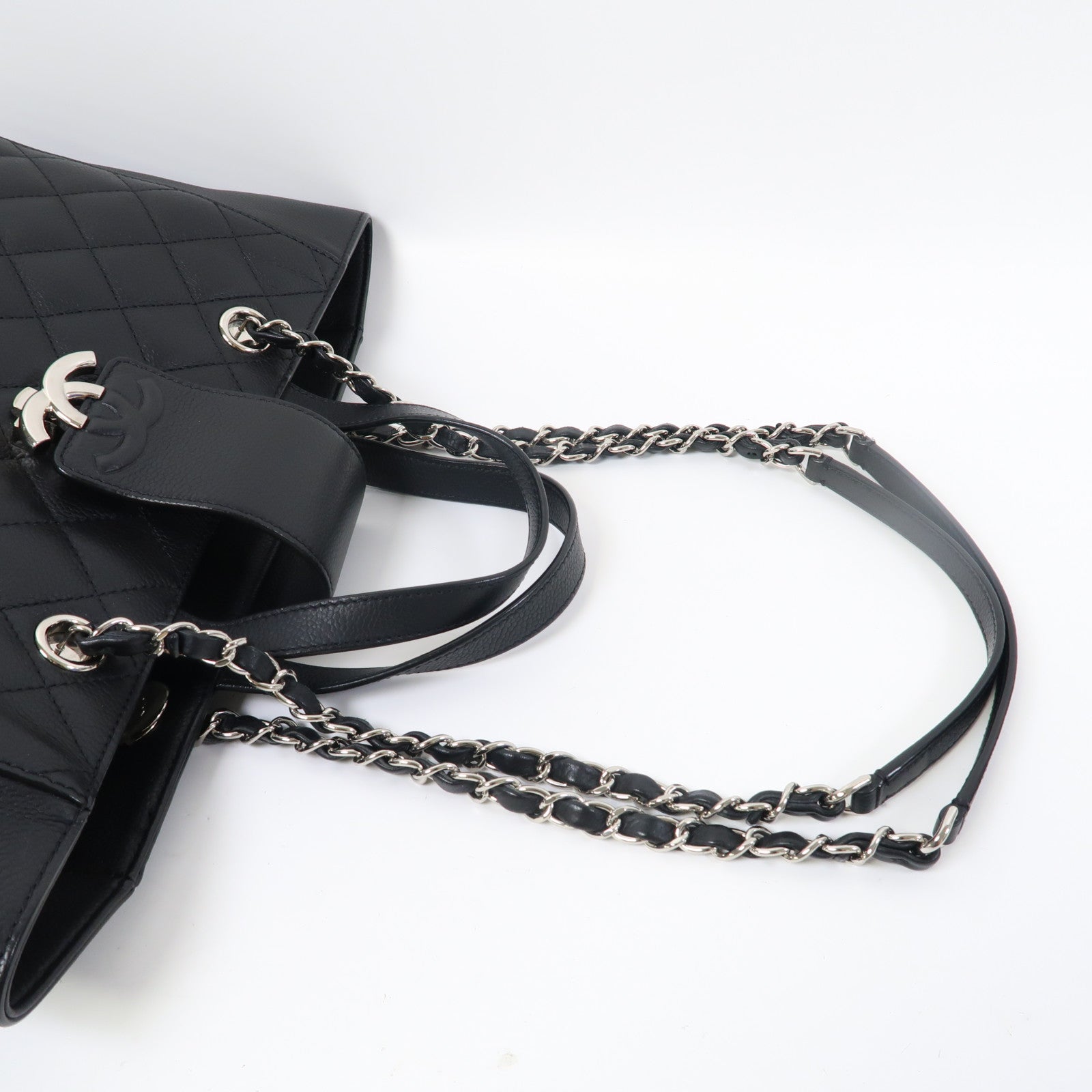 CHANEL 菱格牛皮皮革Chain Shoulder銀扣手挽鏈帶肩背兩用袋黑色